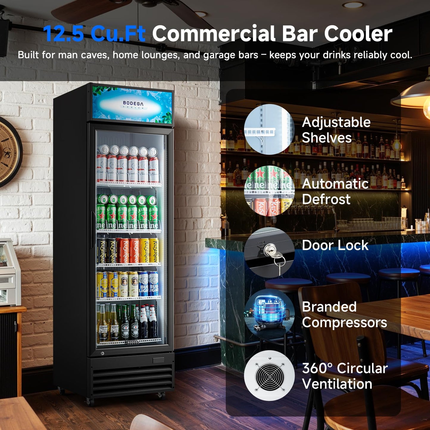 BODEGACOOLER Beverage Refrigerator, 12.5 Cu.Ft. Commercial Glass Door Display Fridge – Holds 420 Cans, Perfect for World Cup Watch Party & Summer BBQ, Drink Cooler for Home Bar, Patio, Garage,Man Cave