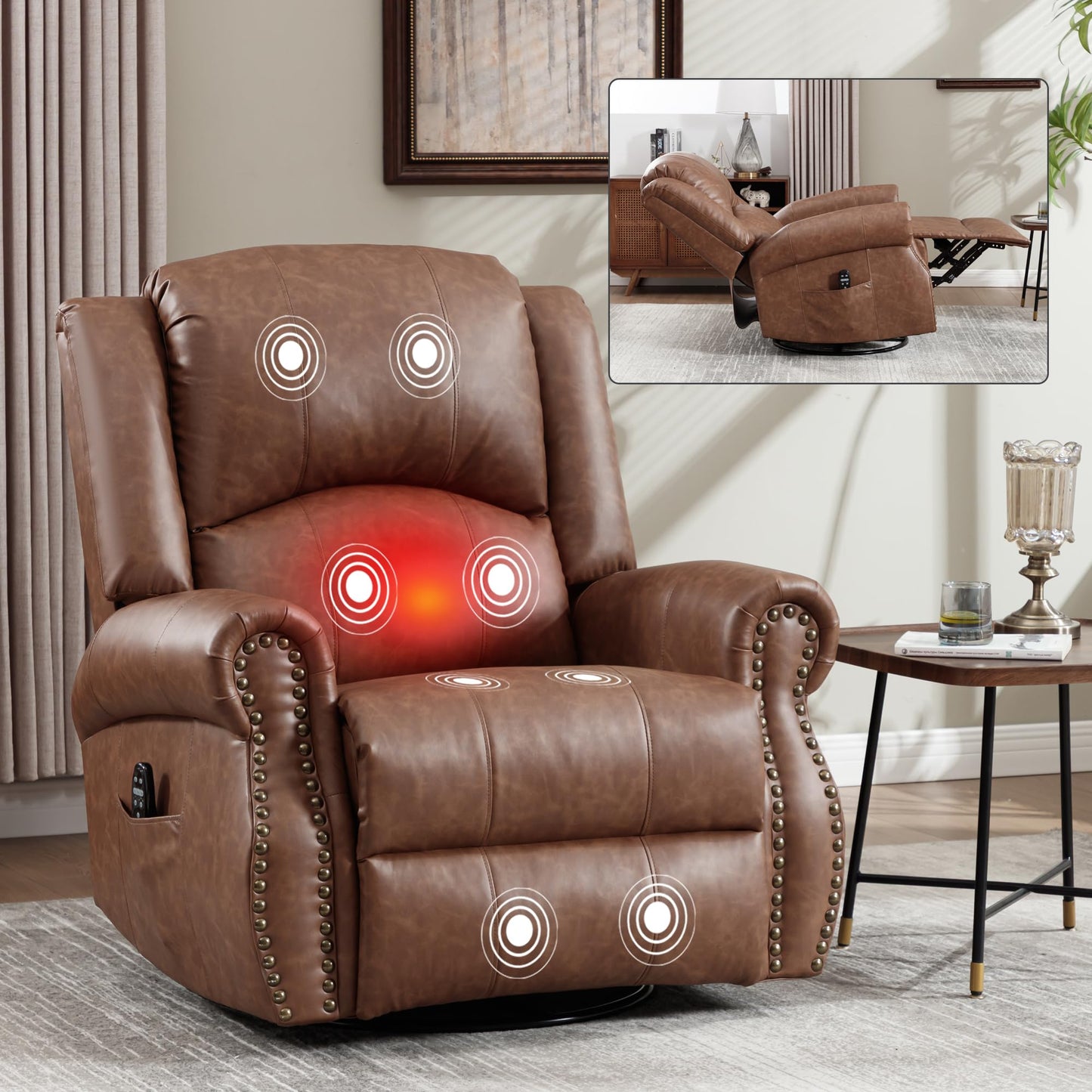GDFStudio Heat Massage Swivel Rocker Recliner Chair, Manual Fabric Recliner with 360° Swivel, Rocking Function, Lumbar Heat and 8-Point Massage, Overstuffed Living Room Reclining Chair, Yellow Brown