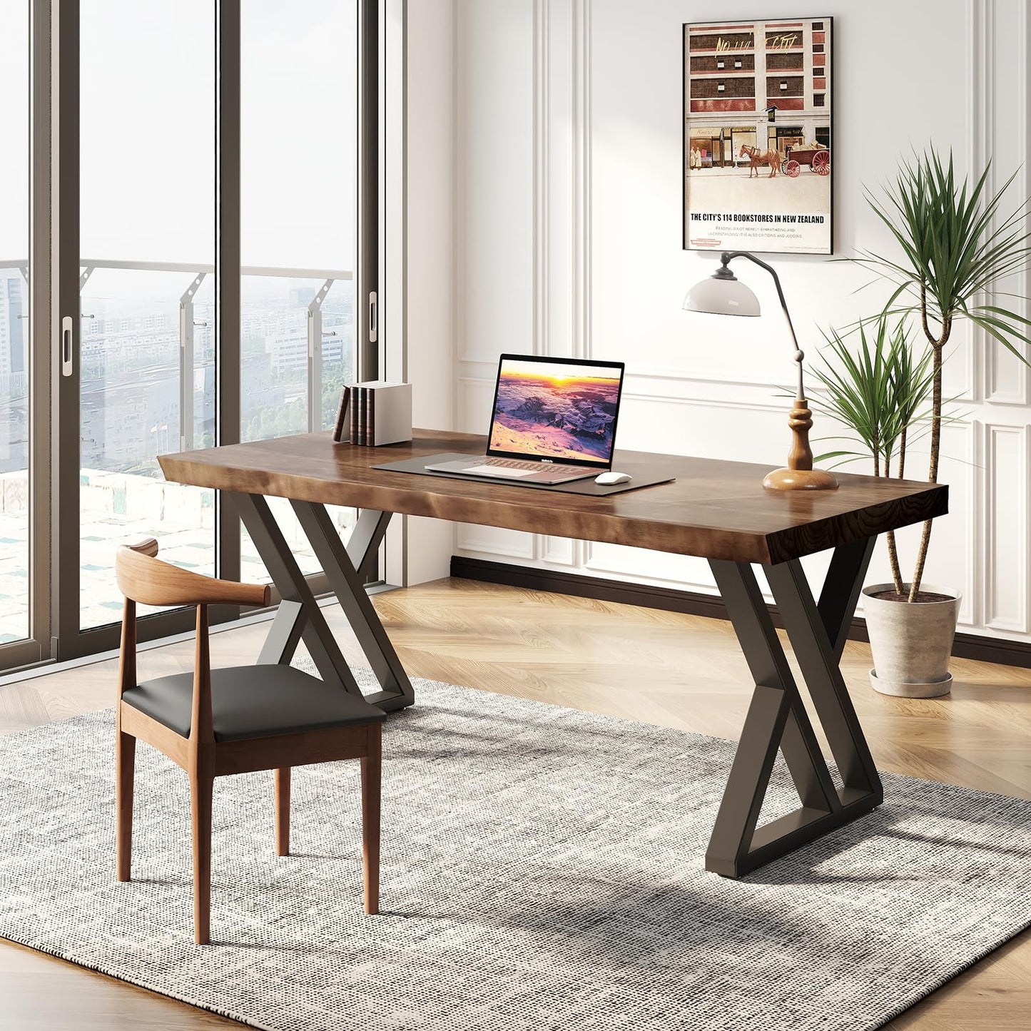 SXXjiaju Solid Wood Desk 55 inches, Home Office Computer Desk Wooden Rustic Writing Desk Metal Modern Simple Design Executive Real Wood Desk(Rustic Brown)