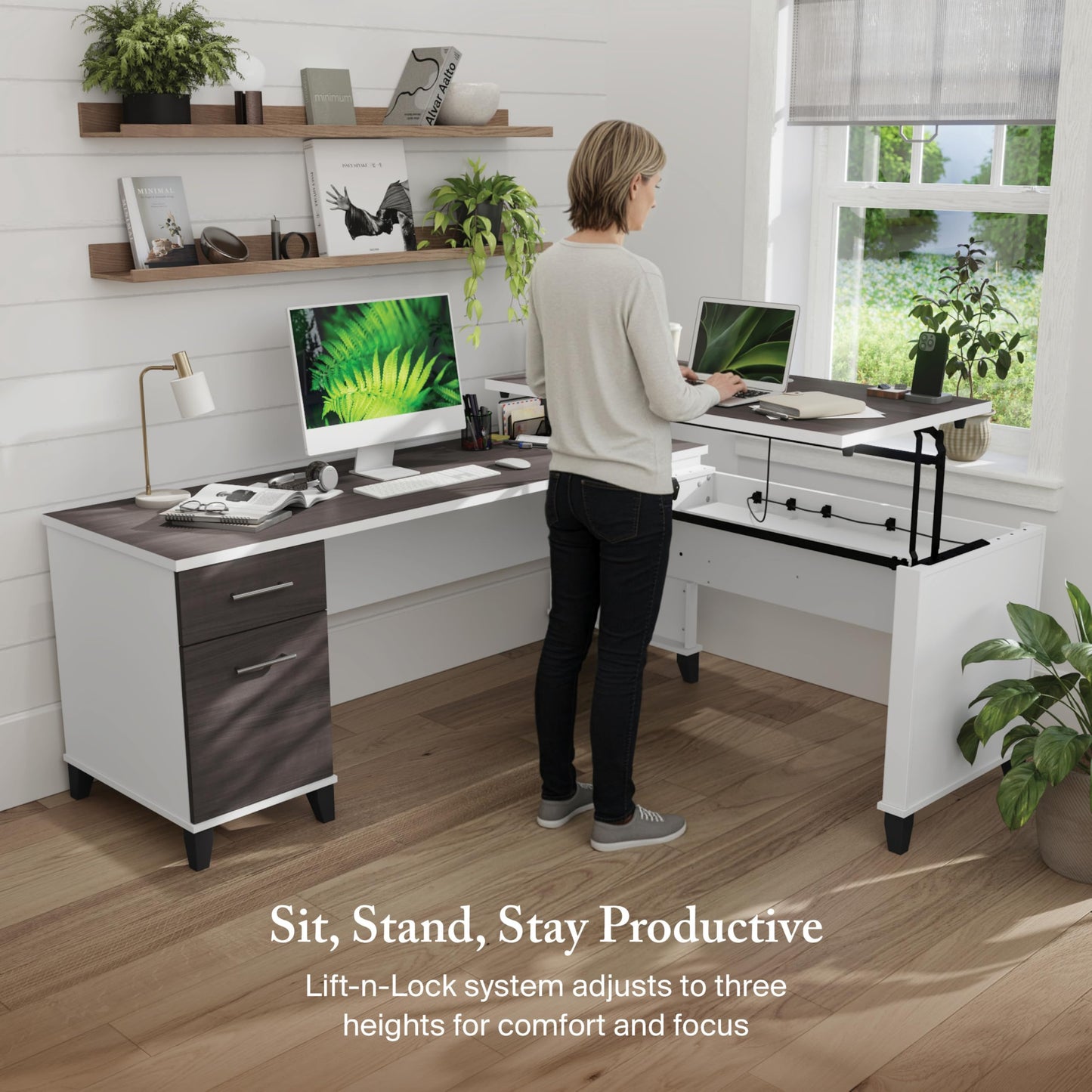 Bush Furniture Somerset 72W 3 Position Sit to Stand Adjustable Standing L Shaped Desk in White and Storm Gray, Ergonomic Corner Computer Office Table