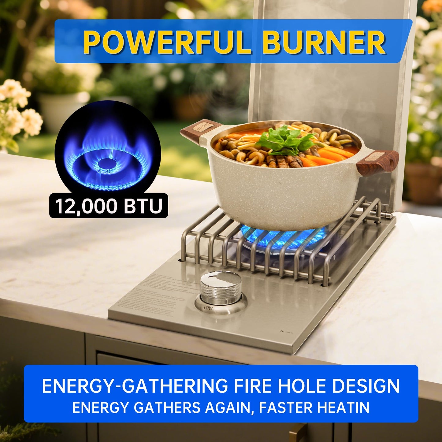 Built-in Single Side Grill Burner with Cover, Silver 304 Stainless Steel Side Burner for Outdoor Kitchen, Propane & Natural Gas, Outdoor BBQ for Family Patio Parties