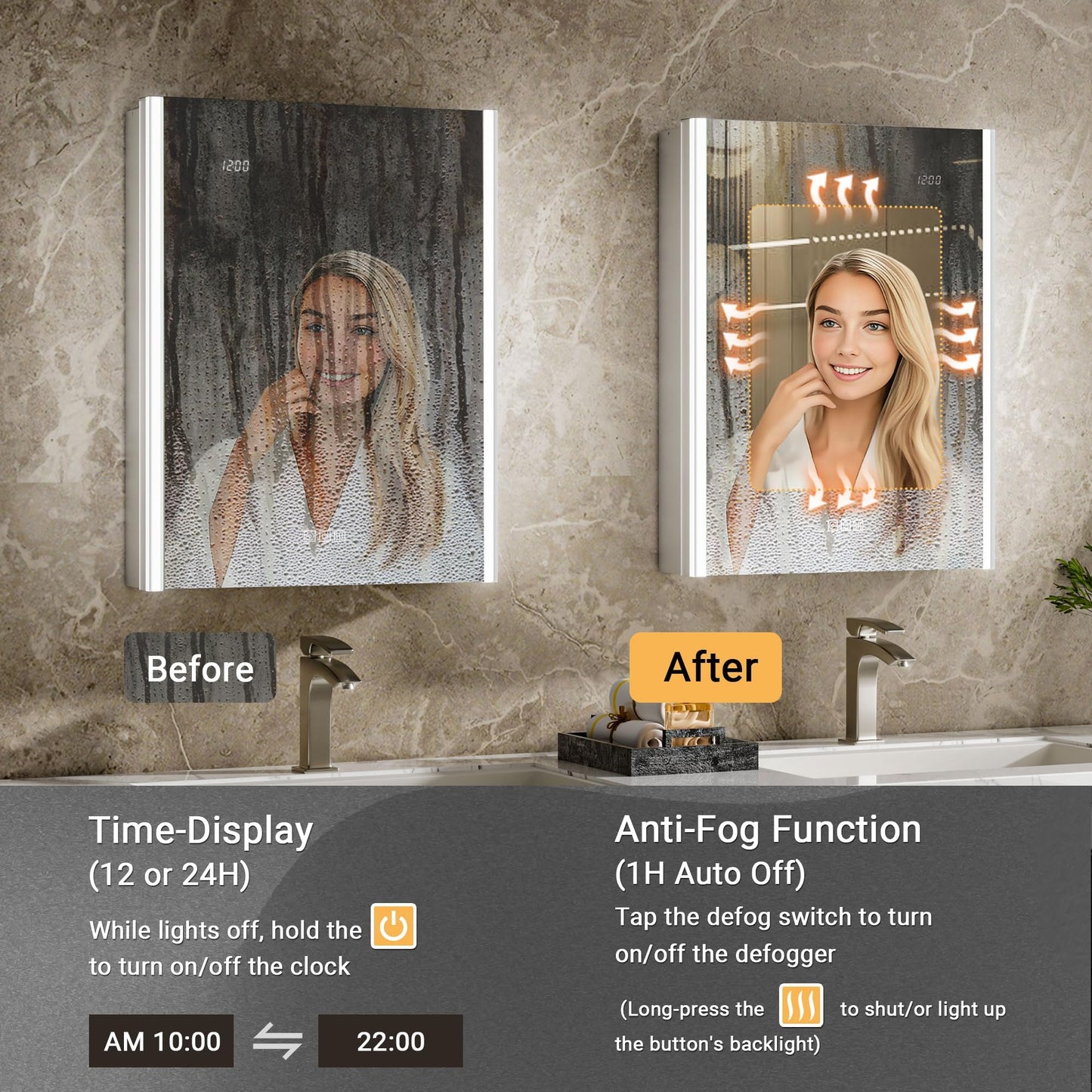 QueenFun Lighted Medicine Cabinet Mirror with Lights & Smart Night Lamp -20x26 Surface or Recessed Medicine Cabinet Mirror with Outlet & Clock,Fogless Dimmable LED Storage Mirror,Built-in Sensor Light