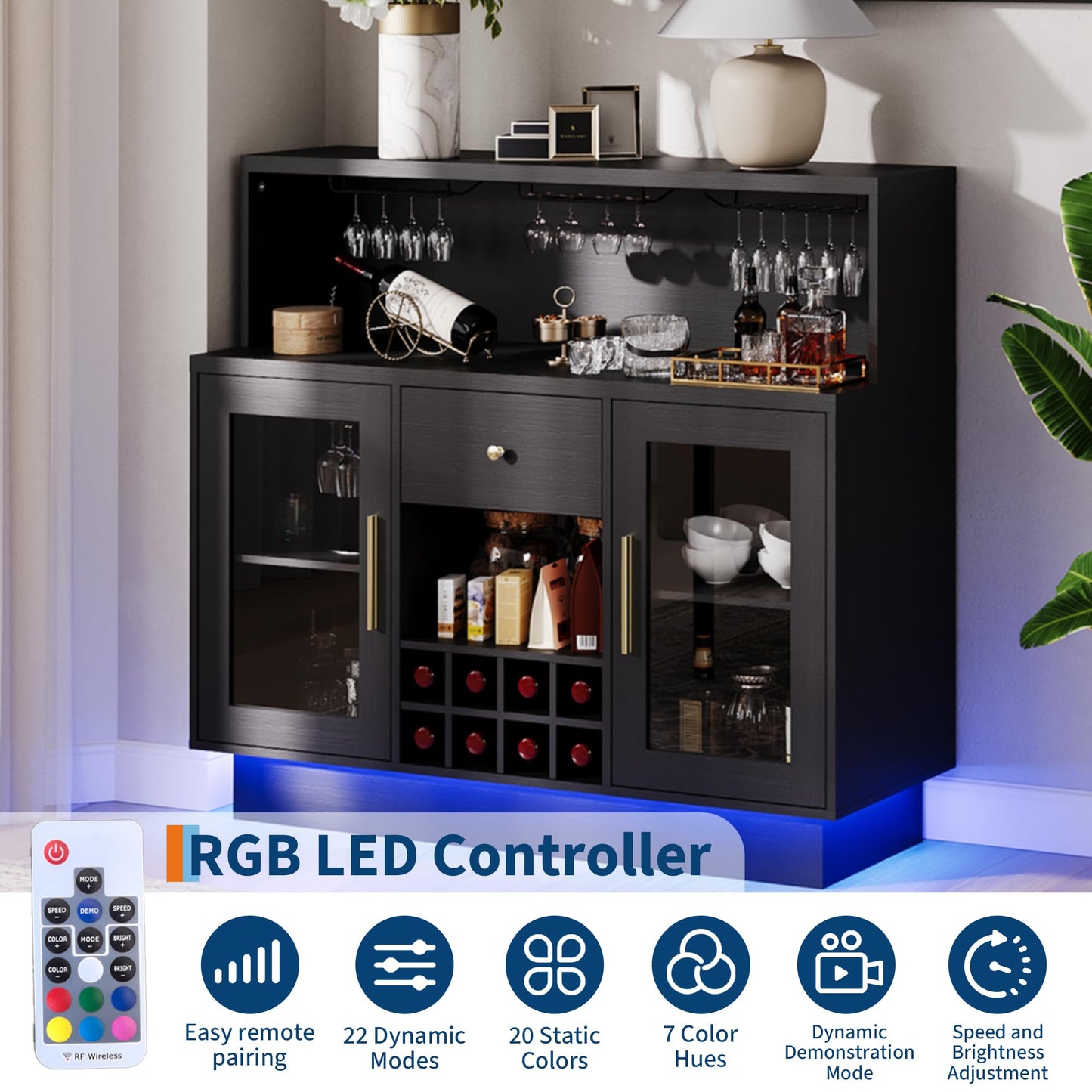 Rustic Modern Home Bar Cabinet with LED Lights & Glass Doors - Coffee & Wine Bar Station with Storage Shelves, Lockable Door, Spacious Countertop for Kitchen, Dining Room, Game Room Furniture