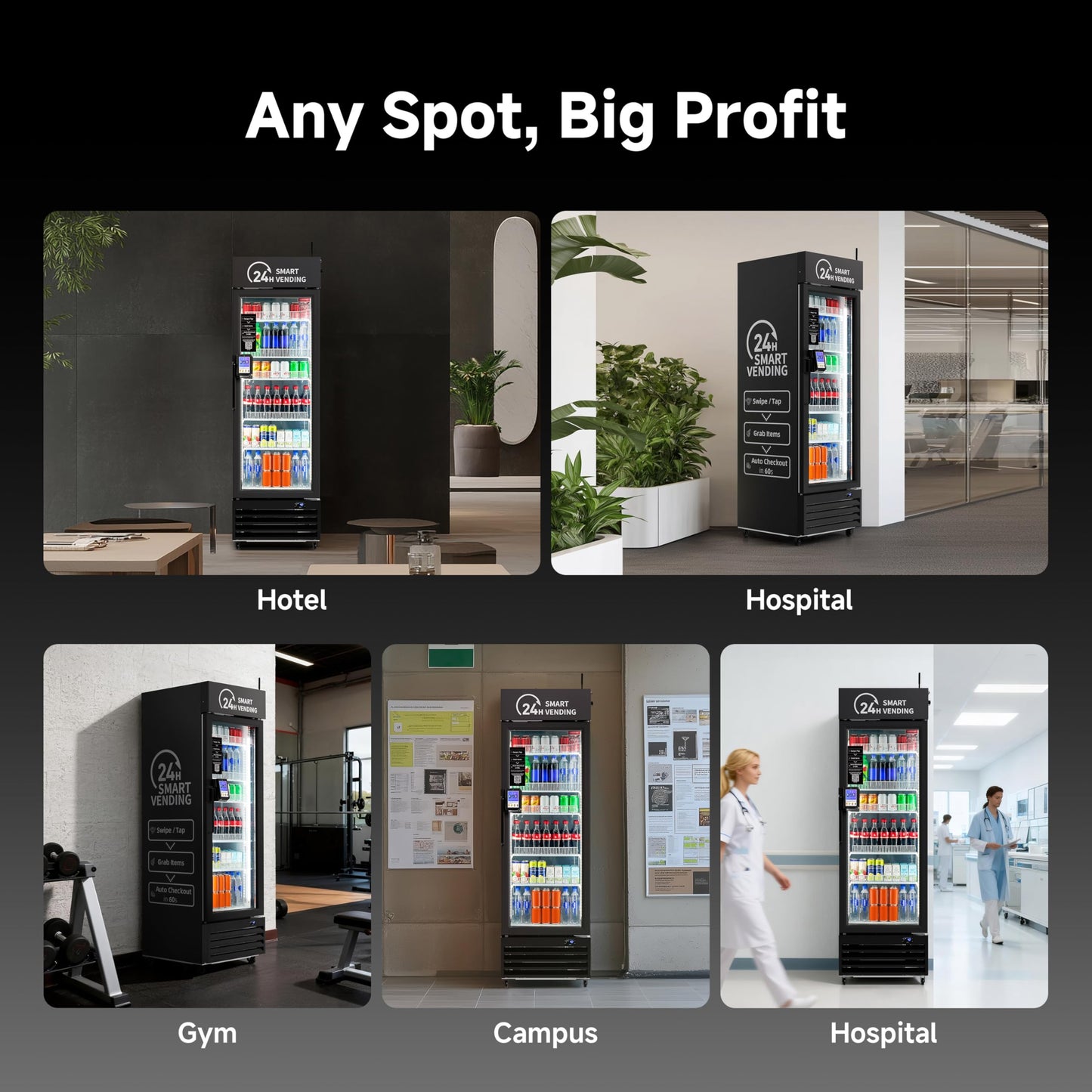 AI Vending Machine with Self-Checkout - DC360 Combo Refrigerated Vending for Fresh Food, Snacks & Cold Beverages - Real Time Inventory - Ideal for Office, School, Hospital, Gym (Black)