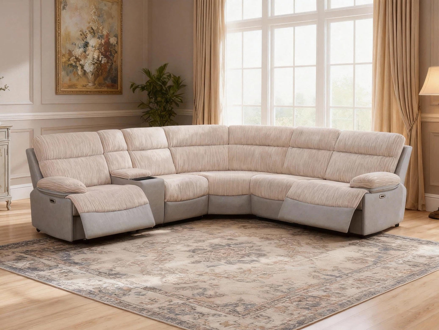 Trygoal Power Reclining Sectional Sofa Set, L-Shaped Sectional Couch for Living Room, Home Theater Seating with Wireless Charging Panel, Intelligent Recliner Sofa with LED Lights, Off-White & Gray