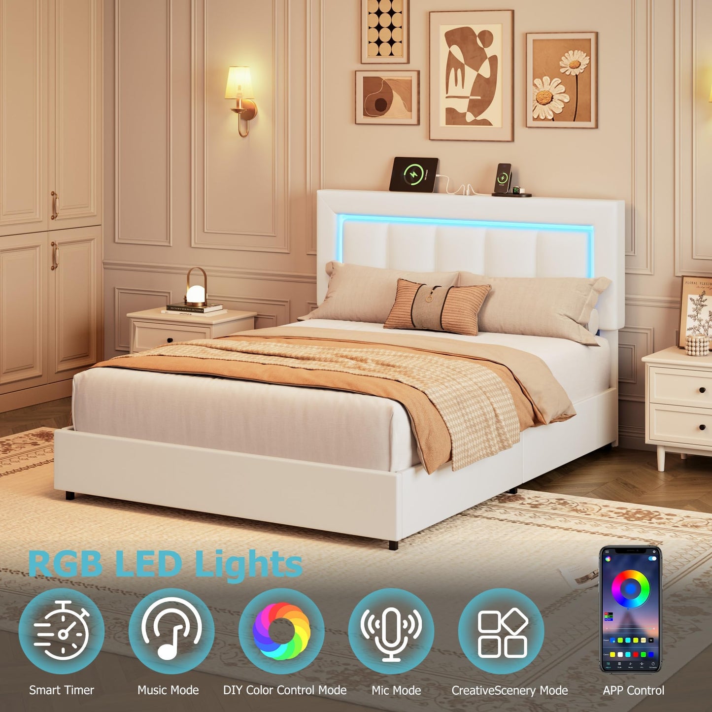 Garvee Queen Size Storage Bed Frame with 4 Drawers, LED Lights, Charging Station, Adjustable Headboard, PU Leather Upholstered Platform Bed, Wooden Slats Support, No Box Spring Needed, White