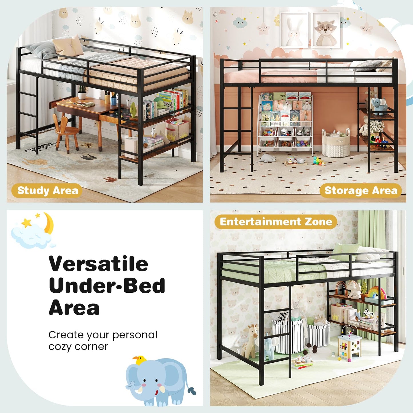 KOMFOTT Twin Size Metal Loft Bed w/Storage Shelves, Heavy Duty Metal Bed Frame w/Safety Guardrails & Ladder, Space-Saving Low Loft Bed for Kids Junior, Under-Bed Space, No Box Spring Needed (Black)