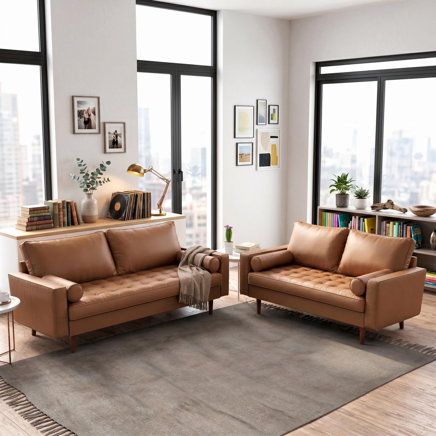 Container Furniture Direct Womble Mid Century Modern Couch with Bolster Pillows, PU Leather Upholstered Tufted Seat, Versatile Retro Design for Comfortable Living Spaces, Loveseat