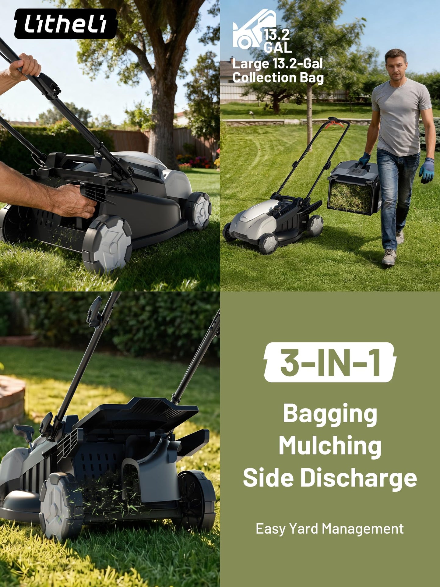 Litheli Self-Propelled Lawn Mower Cordless, 21" Battery Powred Lawn Mower, 2 x 8.0Ah