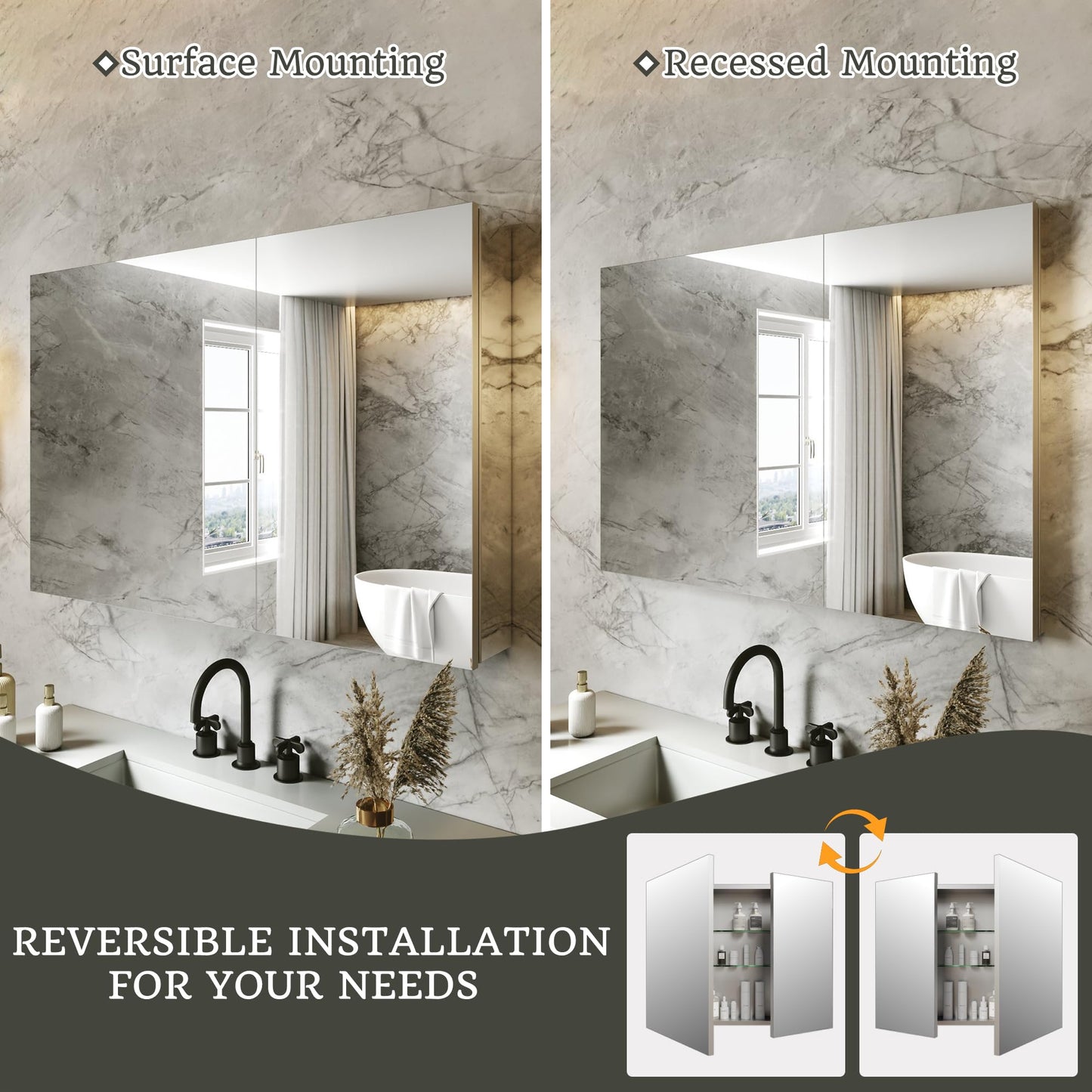 ComfyStyle 36x24 Bathroom Medicine Cabinet with Mirror,Aluminum Alloy Frame with Mirror Side Panels,Surface or Recessed Medicine Cabinet with Adjustable Shelves,Assembly Required