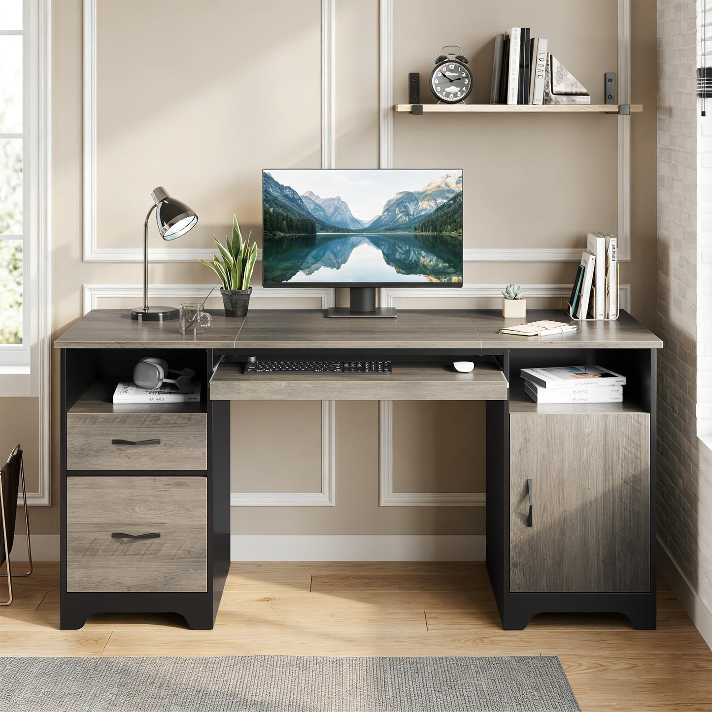 Bestier 59”Executive Desk with 2 Drawers,Computer Desk with Storage Cabinet,Industrial Wood Desk with File Drawer,Keyboard Tray & 2 Pedestals for Home Office & Studio,Gray