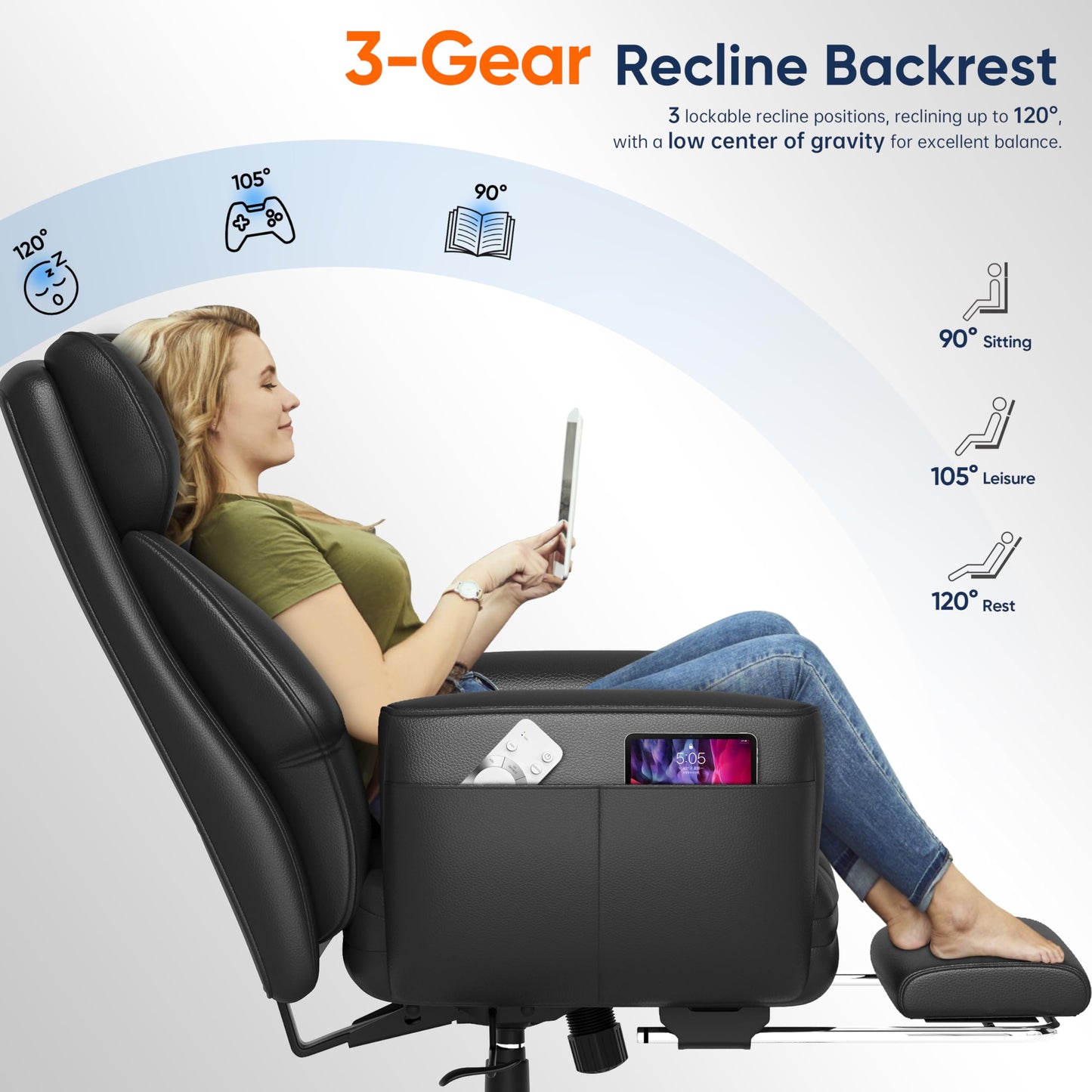GABRYLLY Criss Cross Chair with Footrest, Big and Tall Office Chair - Wide Seat, Reversible Armrests, 120°Tilt, 400LBS Heavy-Duty Executive Leather Chair for Working, Gaming & Meditation, Grey