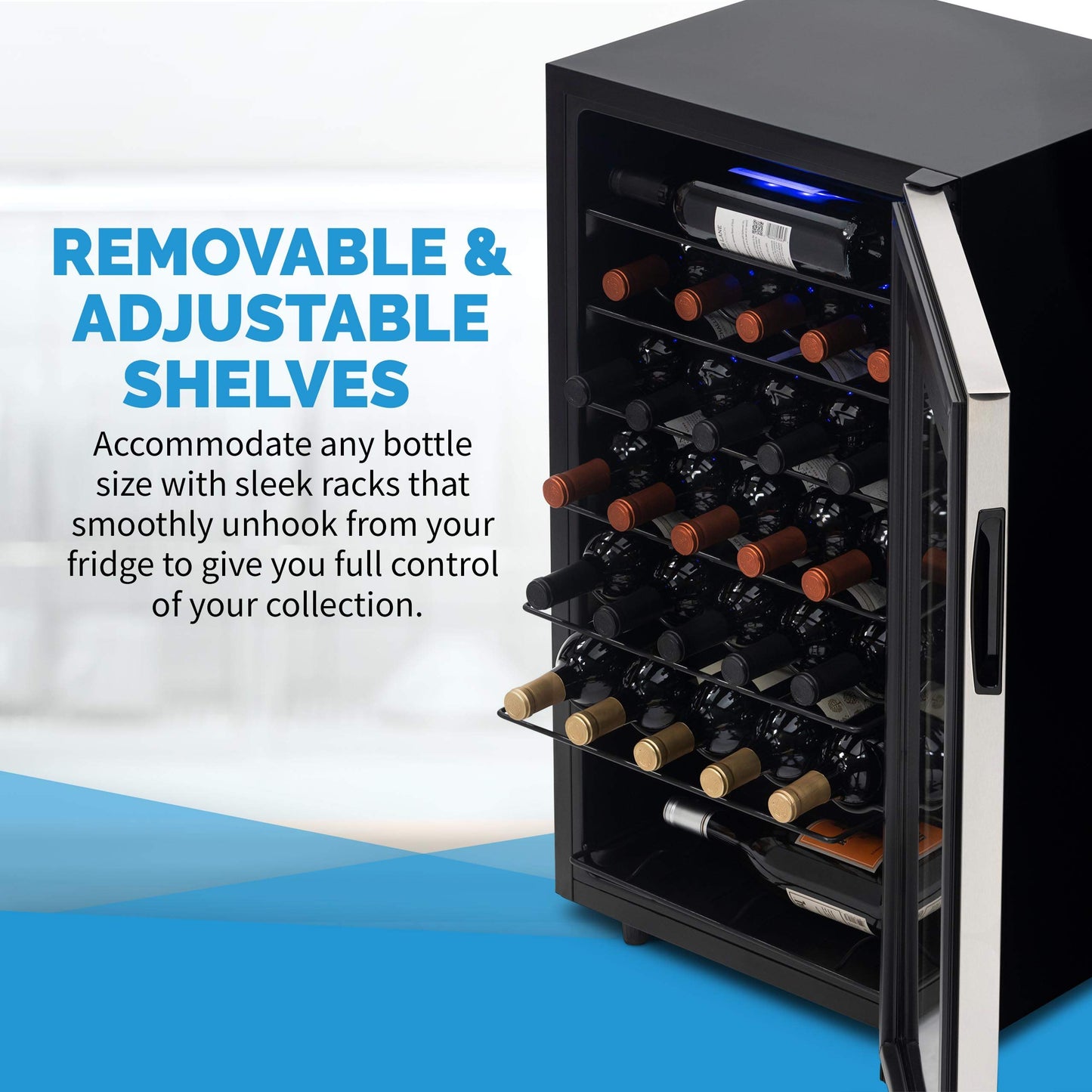 NewAir 33 Bottle Wine Fridge, Freestanding or Built-In Refrigerator, Stainless Steel Cooler, UV Protected Glass Door with Recessed Handle, Digital Thermostat