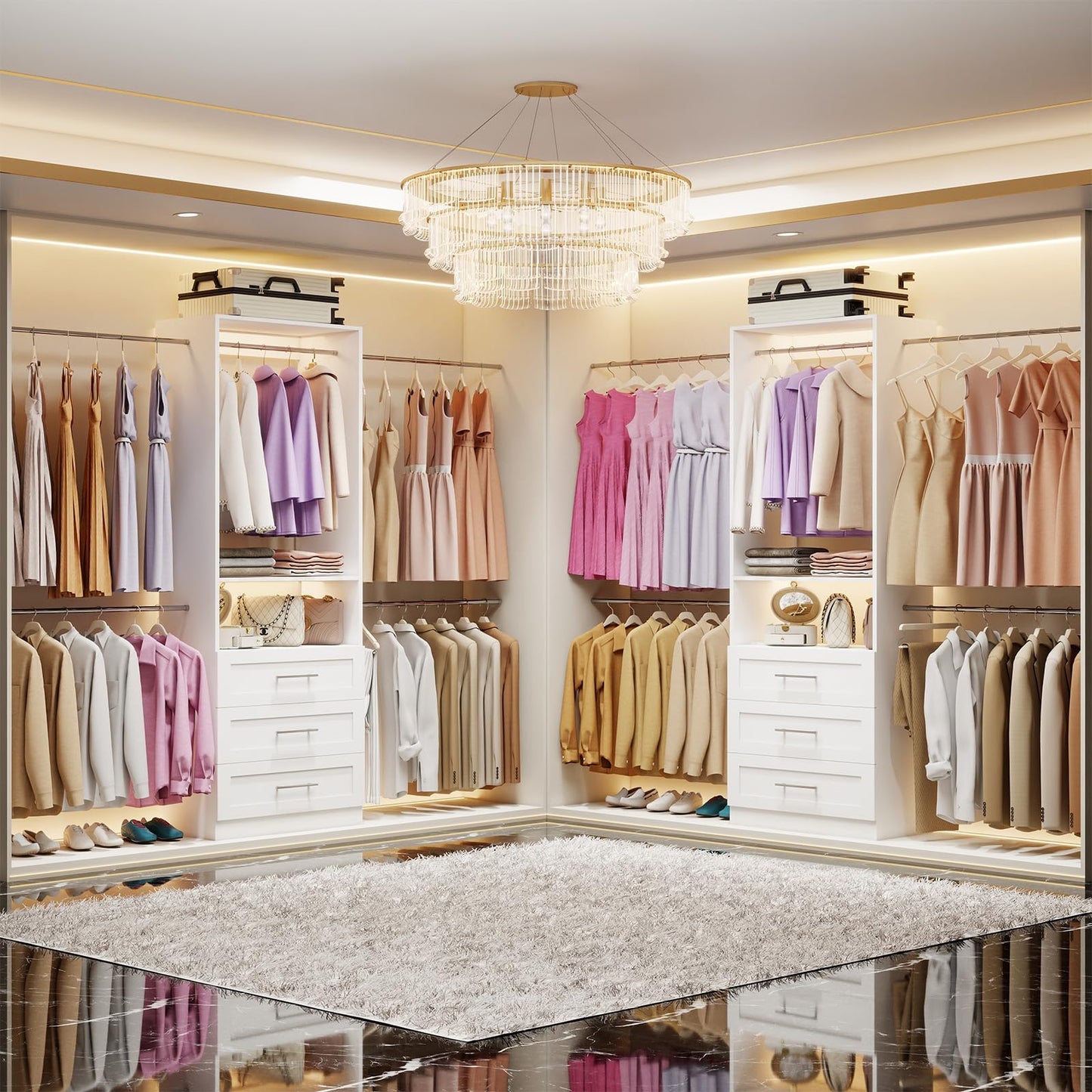 Closet System with 6 Drawers, 4FT-15FT 2-Piece Closet System, Walk in Closet Organizer System, Modular Closet System with 10 Adjustable Hanging Rods & Shelves, Closet Storage System for Bedroom, White