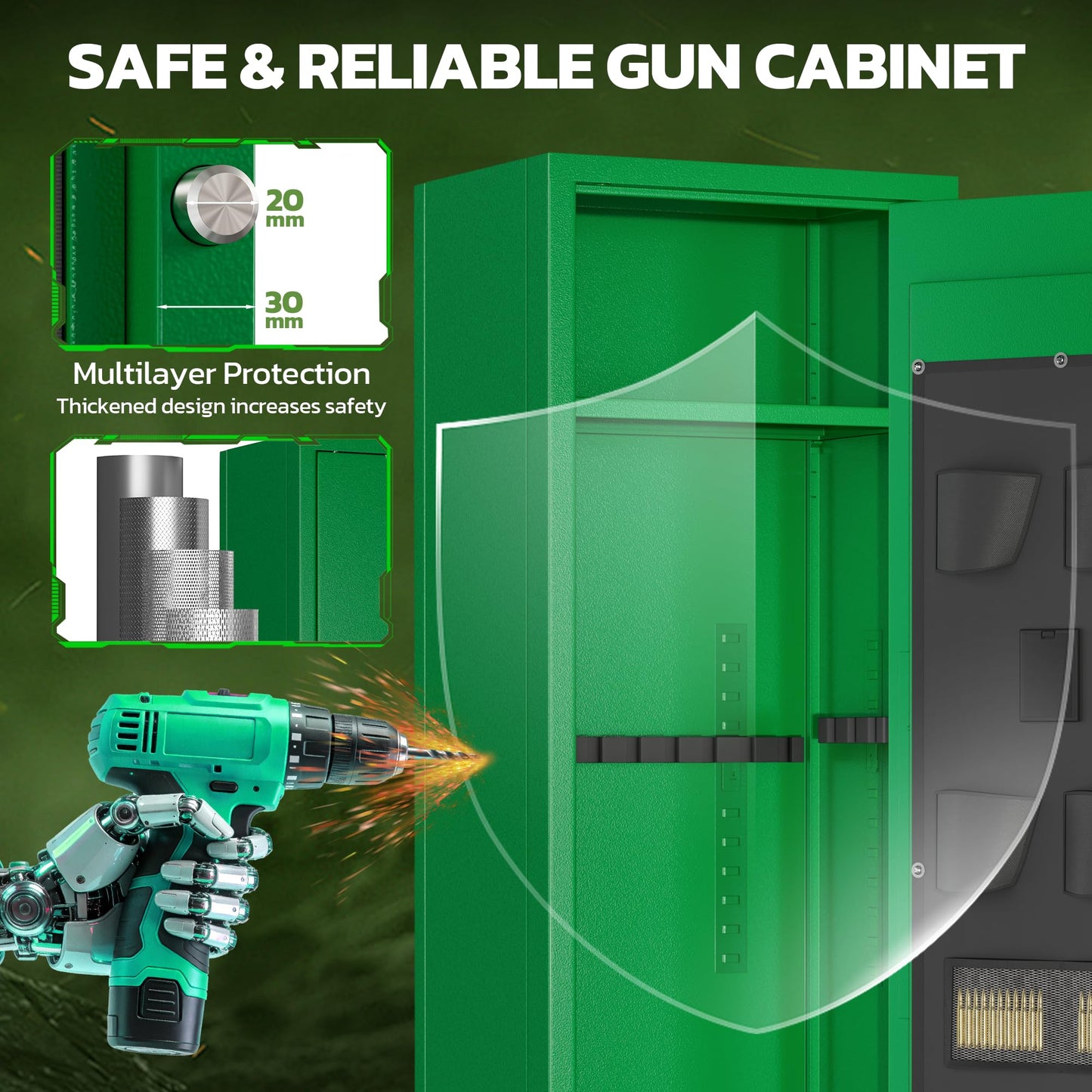 Greenvelly 14-16 Gun Safe for Rifles and Pistols, Rifle Safe with Keyboard Lock, Gun Cabinet for Rifles and Shotguns, Quick Access Fireproof Gun Safe with Pocket and Gun Rack for Home, Green