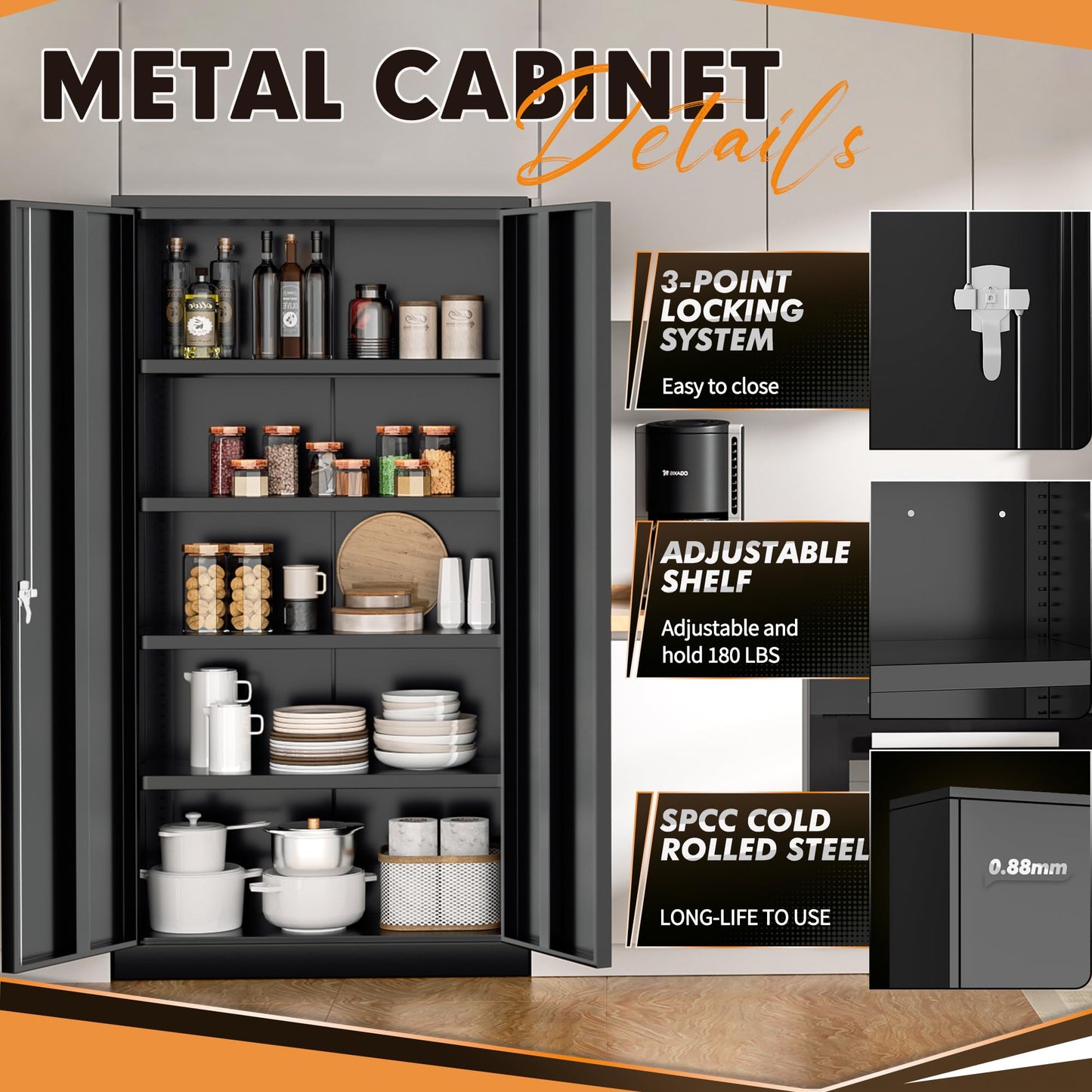 INTERGREAT Metal Storage Cabinet with Shelves, 72" Locking Steel Cabinets with 2 Door and 4 Adjustable Shelves, Tall Metal Cabinet for Home Office, Garage, Warehouse,Black