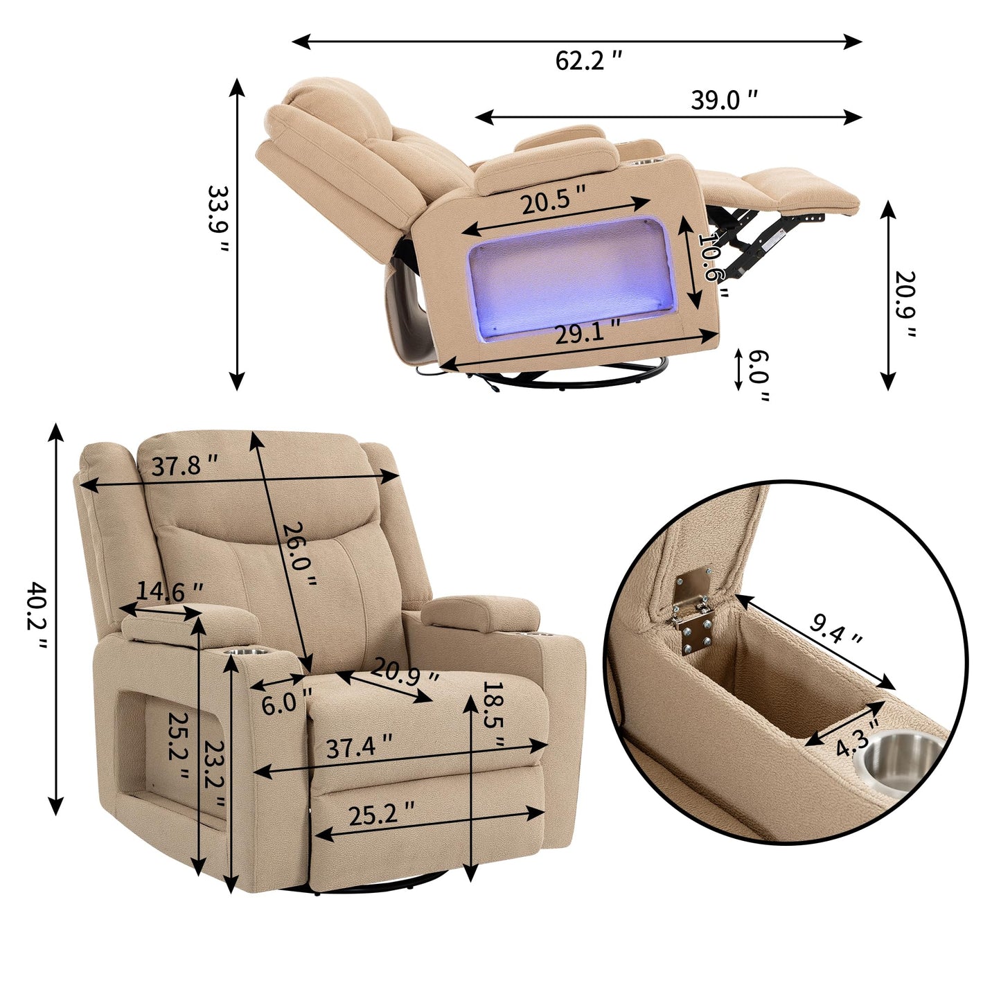 GDFStudio Extra Wide Power Recliner Chair 270 Degree Swivel Velvet Reclining Chair with Heat Massage USB and Type C Charging Ports for Living Room Bedroom Office, Camel