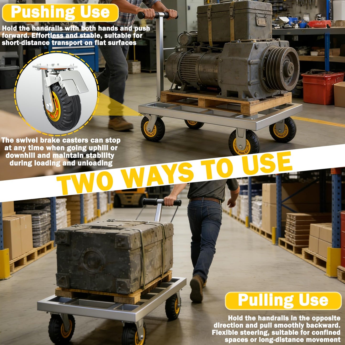 Heavy Duty Push Cart Dolly, 36 x 24in Platform Truck Flat Cart Hand Trucks, 2500lbs, Thickened Steel Pipe Integral Molding, 6" Swivel Brake Casters, Effort-Saving Design