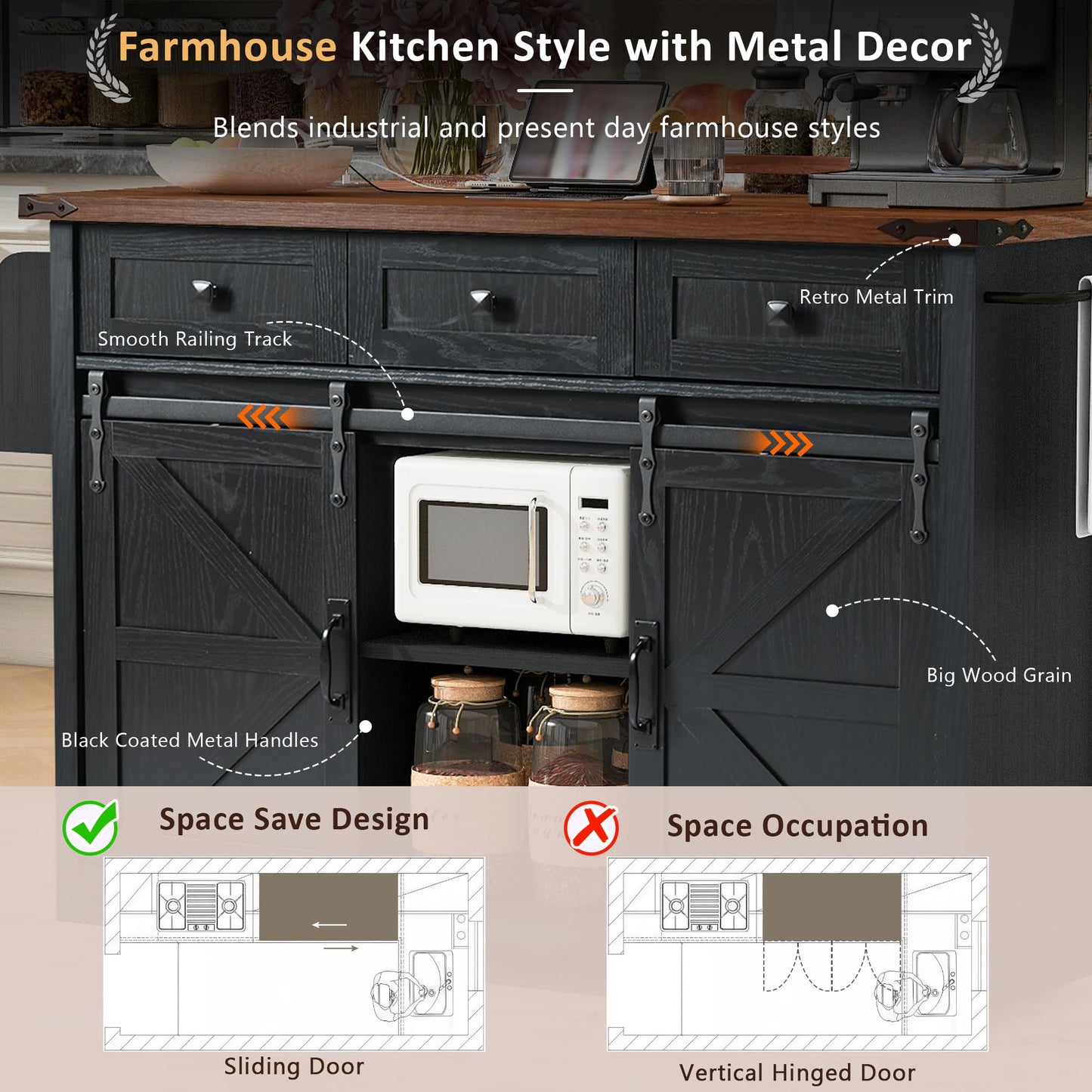 YOPTO Farmhouse Kitchen Island Cart With Power Outlet & 2 Sliding Barn Doors, Rolling Storage Island W/Drop Leaf Spice Rack and 5 Universal Wheels, for Home and Dining Room, Black, 53.7"
