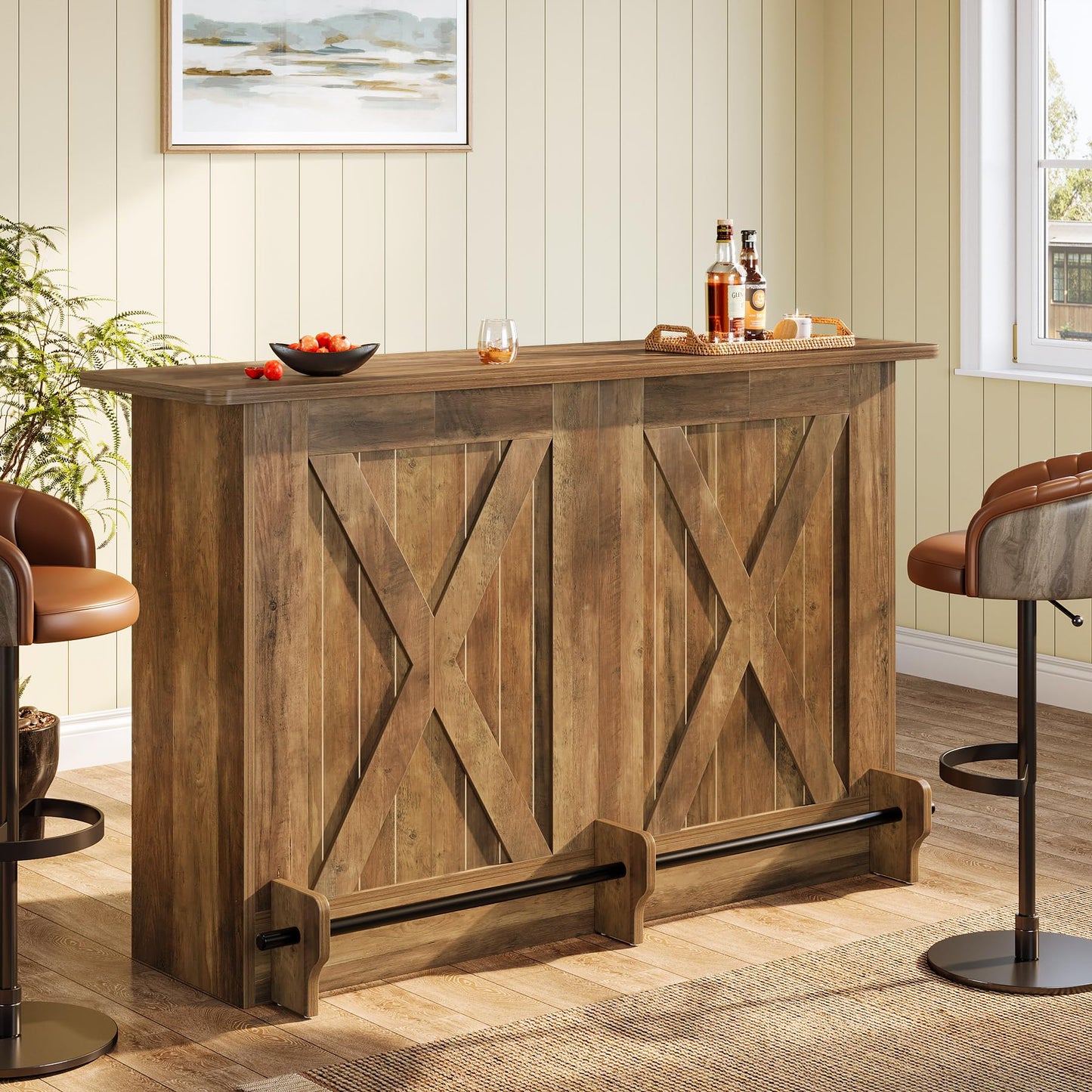 Tribesigns 63-Inch Bar Table, 2-Tier Bar Cabinet Height Pub Table with Footrest, Modern Coffee Cabinet for Home Kitchen, Large Home Unit Liquor Furniture, Bistro, Dining Room, Living Room (1, Brown)