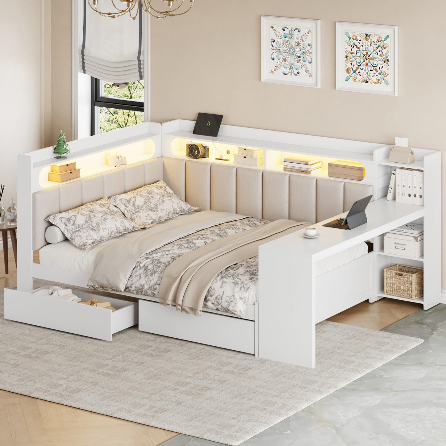 Merax Full Size Multifunctiona Daybed with Storage Drawers and Built-in Shelves & Desk, Corner Bed Frame with Charging Station, LED Light, Upholstered Headboard and Backrest