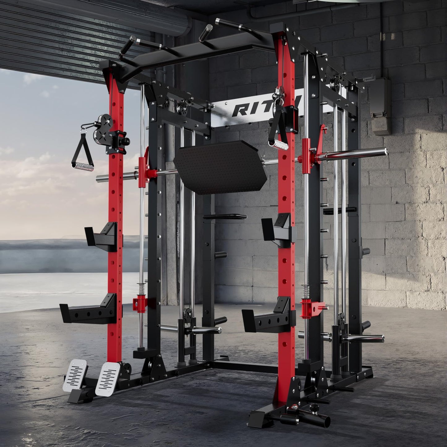 RitFit Buffalo Smith Machine, Power cage with LAT-Pull Down System & Cable Crossover System, All-in-One Squat Rack for Home Gym, Power Rack