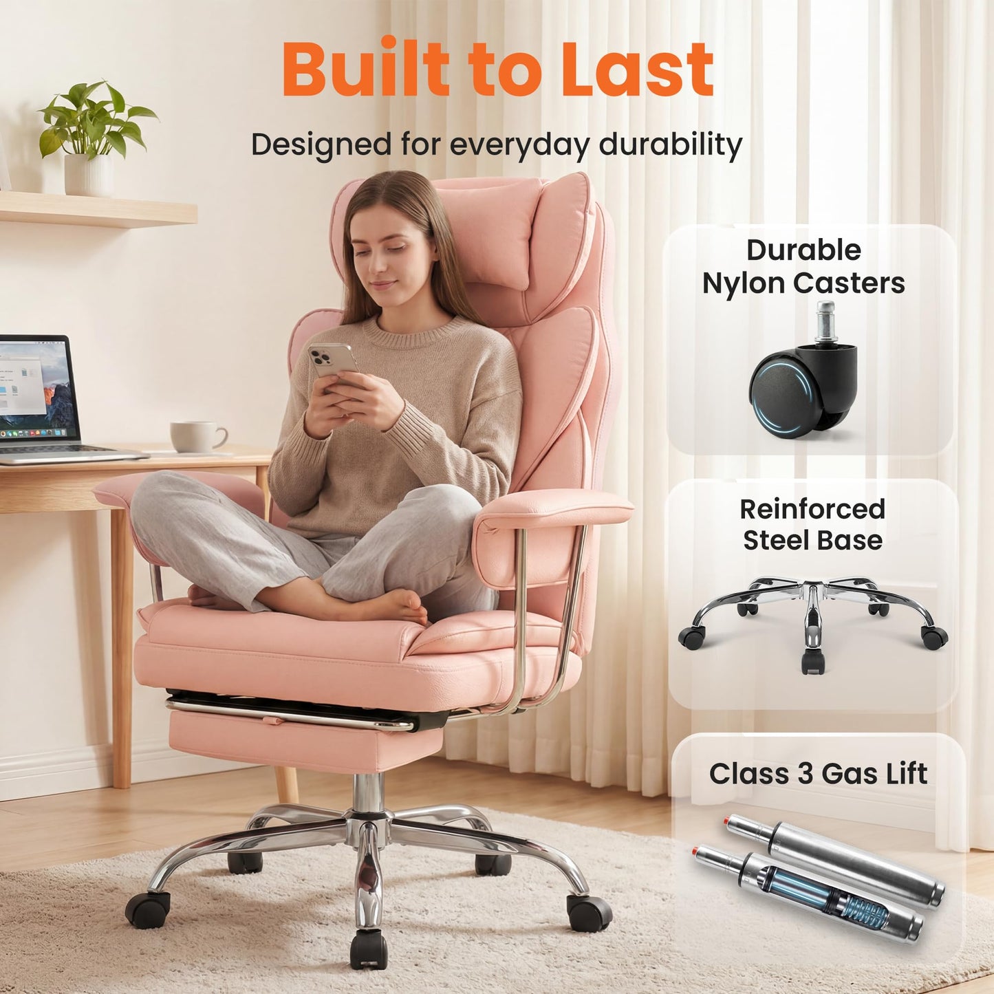NEO Chair Big and Tall Offie Chair Gaming Computer Chair High Back Heavy Duty Desk Chai with Lumbar Support Adjustable Recliner Footrest Wide Seat Leather Executive Home with Wheels (Leather Pink)