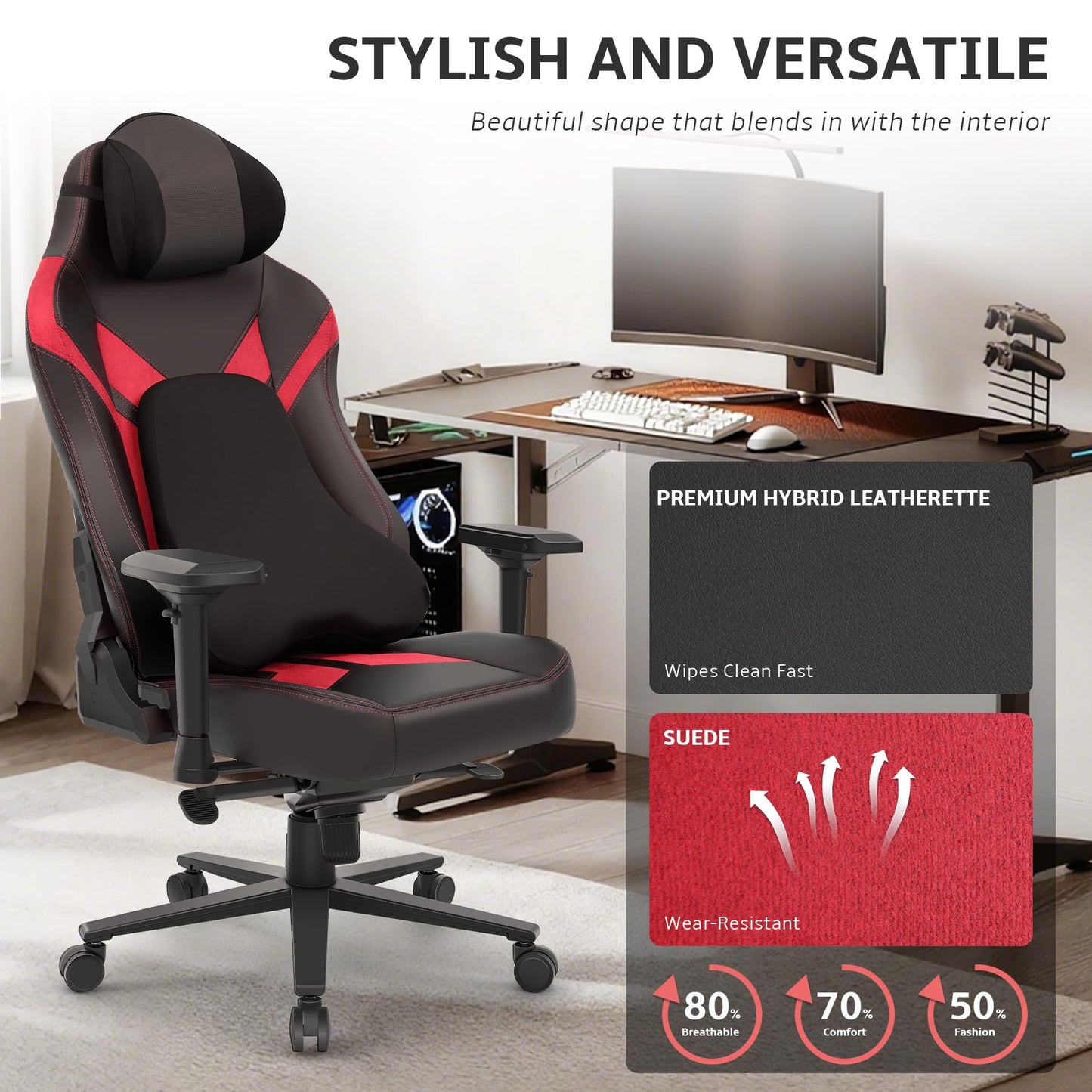 Wyrdforging Ergonomic Gaming Chair, Computer Desk Chairs, 4D Armrests, High Back Office Chair with Headrest & Lumbar Pillow, Tilt Rocker Recliner, Heavy-Duty Base, Black PU Leather & Red Suede Combo