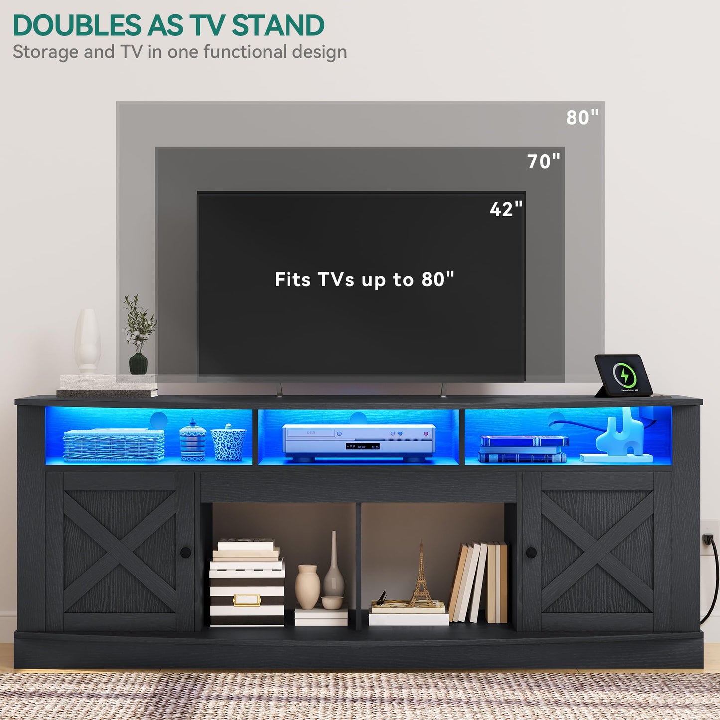 YITAHOME TV Stand for 75/80 Inch TV, Black Entertainment Center 70 Inches Wide, Media Furniture TV Table with with Power Outlet, TV Consoles for Living Room, Curved Desktop