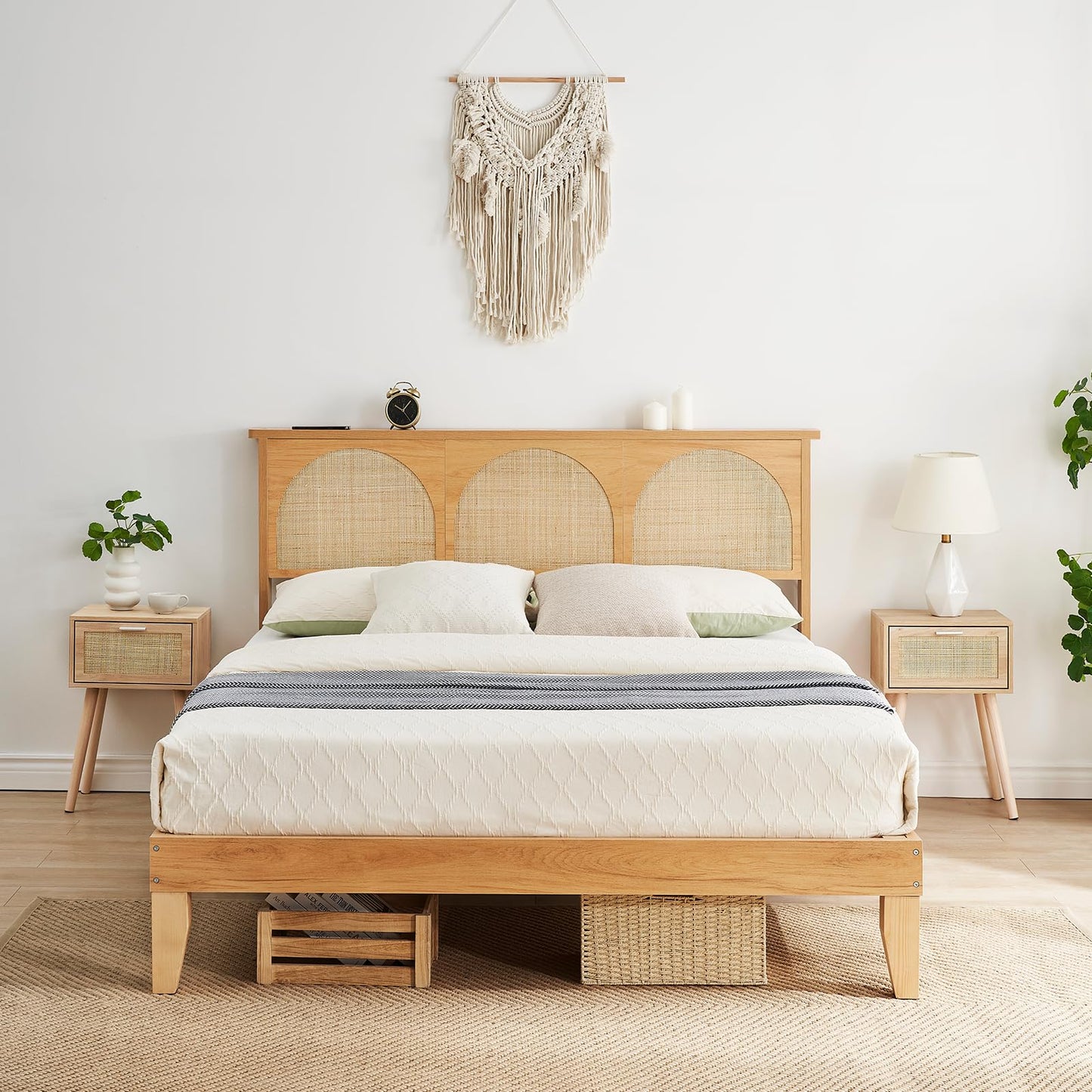 Queen Boho Rattan Bed Frame, Wooden Bed Platform with Storage, Smart RGB LED Natural Rattan Headboard, No Box Spring Needed, Under Bed Storage, Easy Assembly Solid Wood Foundation with Silent Slats