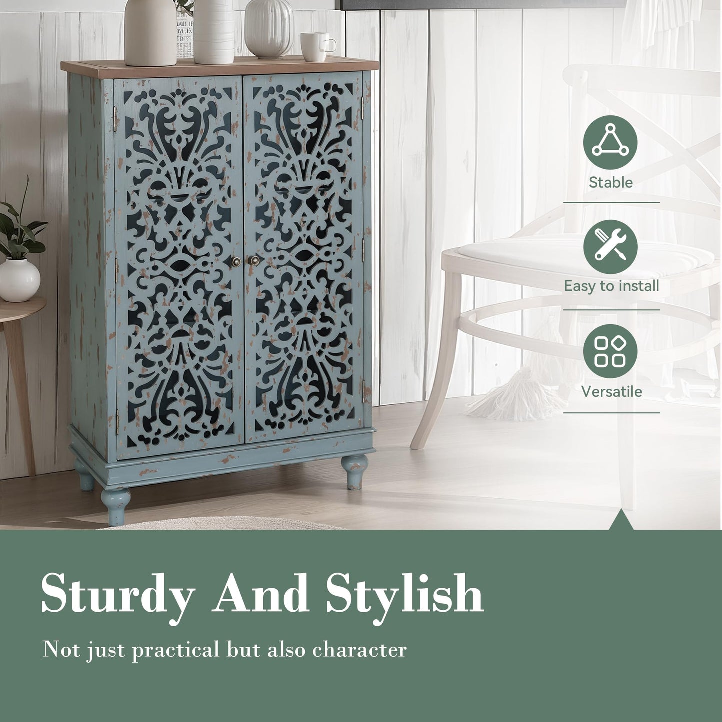 Sophia & William Tall Storage Cabinet 47.4", Decorative 2-Door Tall Accent Cabinet for Living Room, Dining Room, Blue