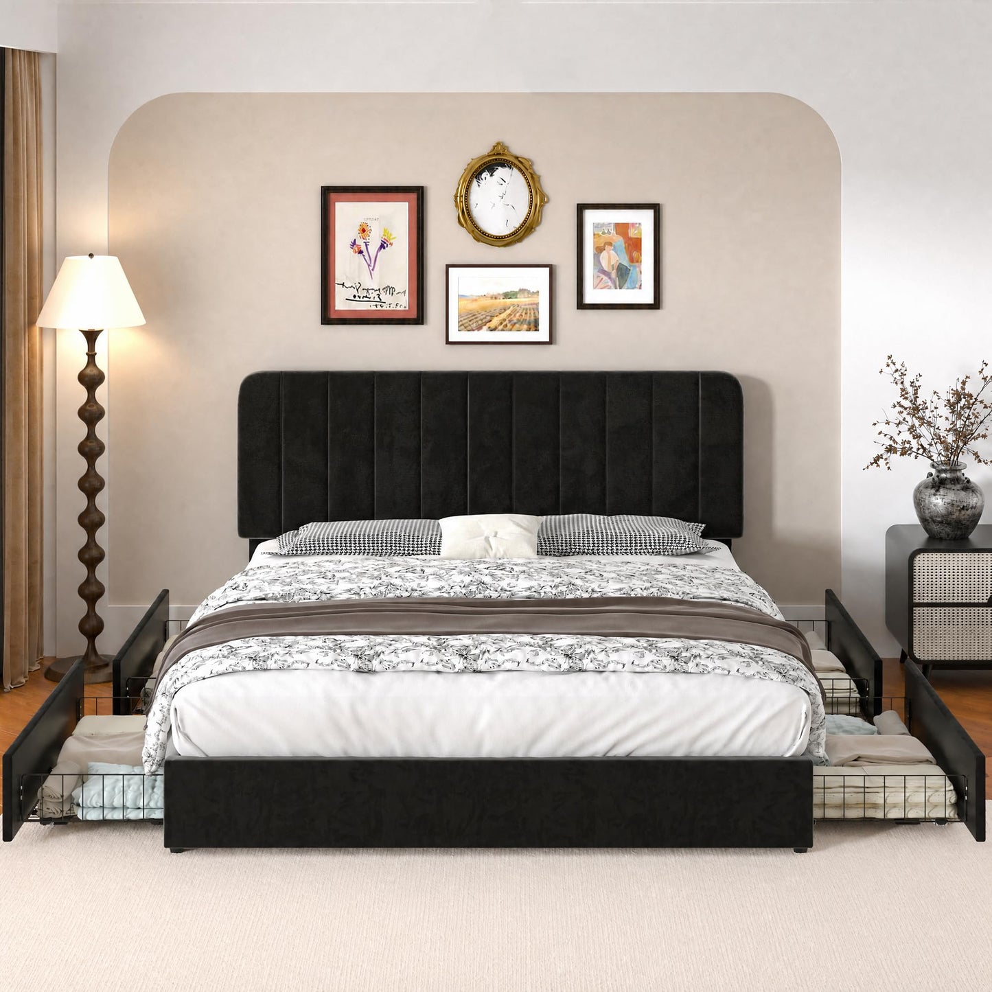 VECELO Full Size Upholstered Bed Frame with 4 Drawers and Headboard, Velvet Platform Storage Bedframe, Wooden Slats Support, No Box Spring Needed,Black