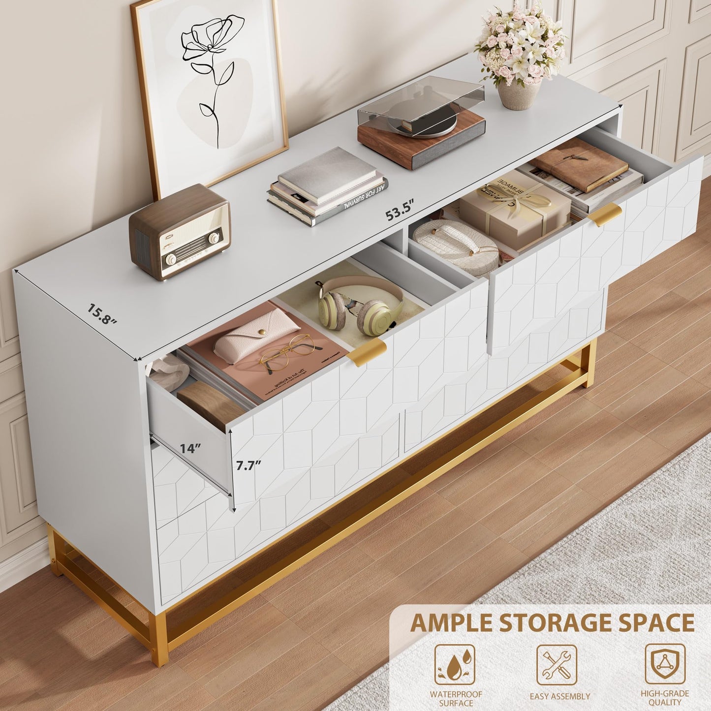 IDEALHOUSE White 6 Drawer Dresser for Bedroom, 53.5” Large Dresser with Metal Legs, Modern Chest Organizer with Wide Storage, Chest of Drawers for Bedroom, Living Room, Entryway