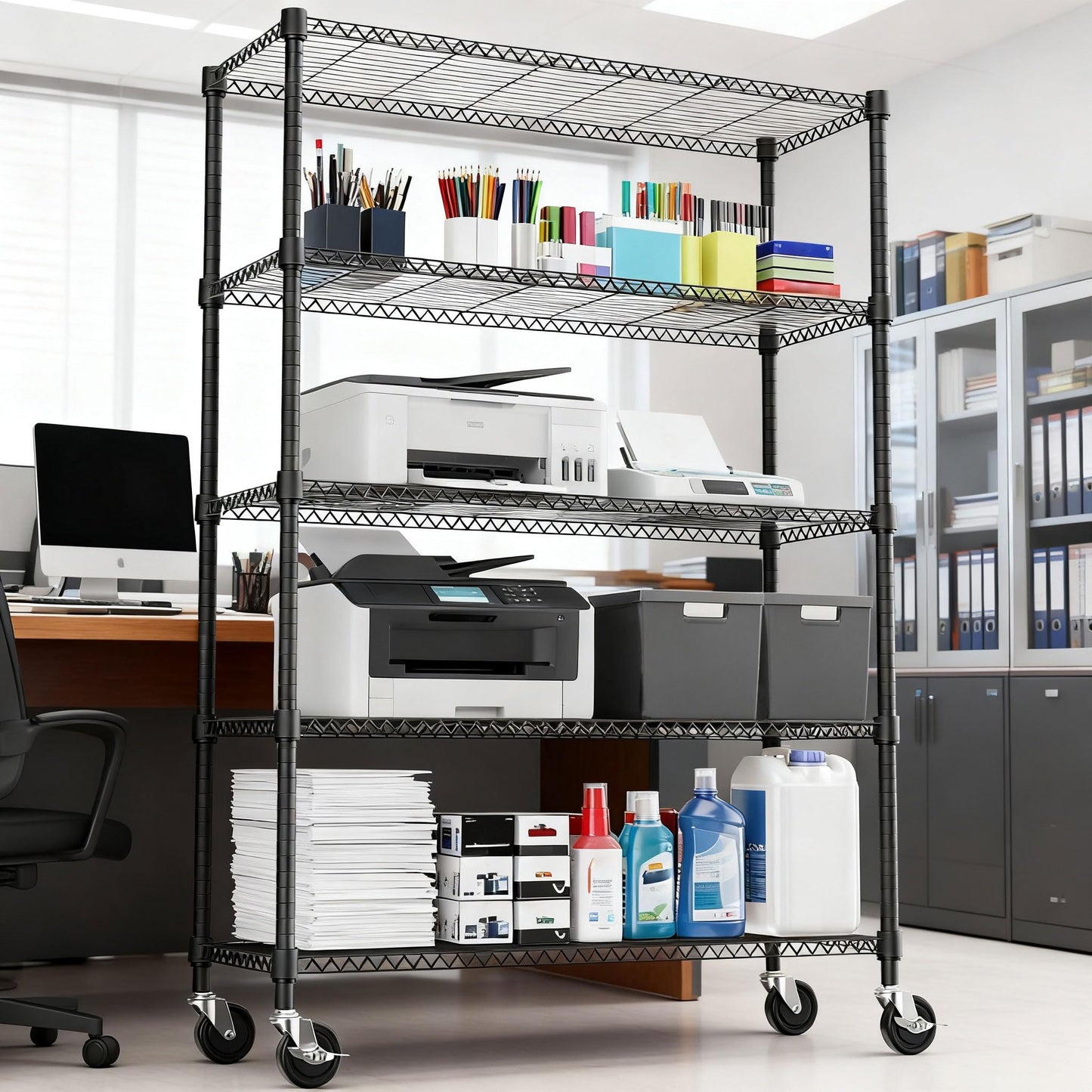M MZG 1750LBS 47.2" W 5 Tiers Storage Shelves Metal Shelving Unit with Wheels Heavy Duty Garage Shelving Adjustable Wire Shelves for Pantry,Kitchen,Garage,Basement,Black 17.7" D x 47.2" W x 76.8" H