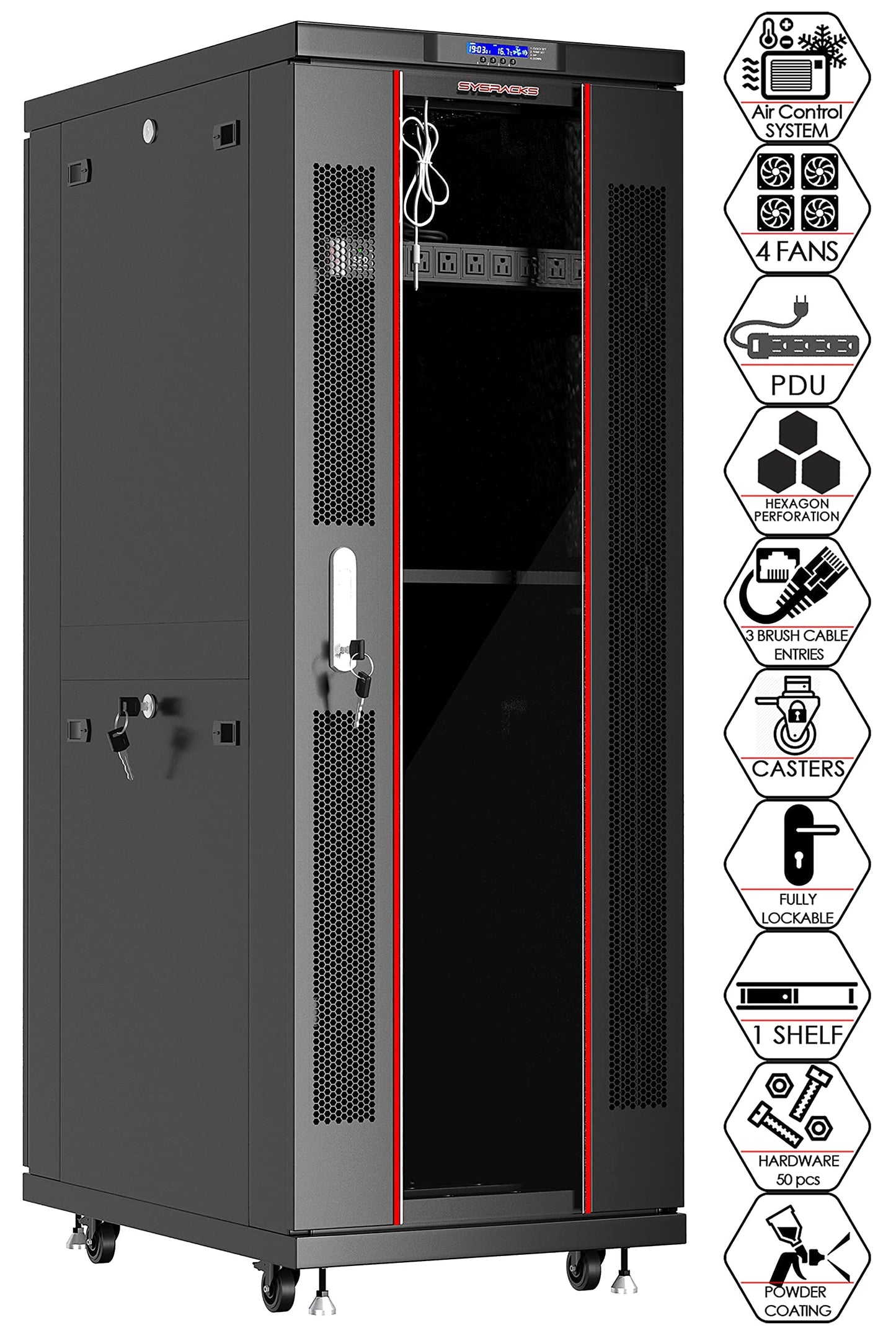 Sysracks 32U Server Rack Cabinet, 32" Deep, Glass Door, 19-Inch