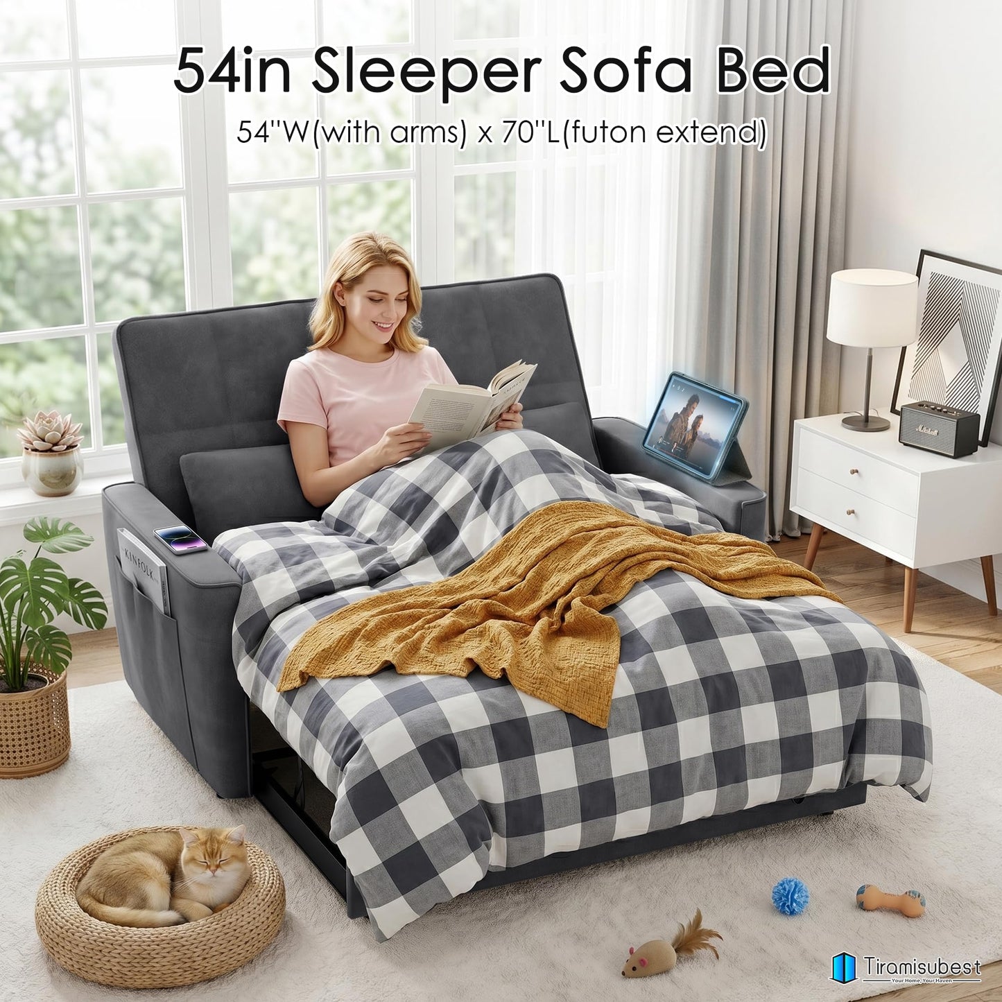 tiramisubest 54'' Sleeper Sofa Bed, Convertible Pull Out Couch Futon for for Living Room,Apartment (Darkgrey, Loveseat) Side Pockets, Velvet Fabric, Adjustable Backrest, Pull-Out Bed, Easy Assembly