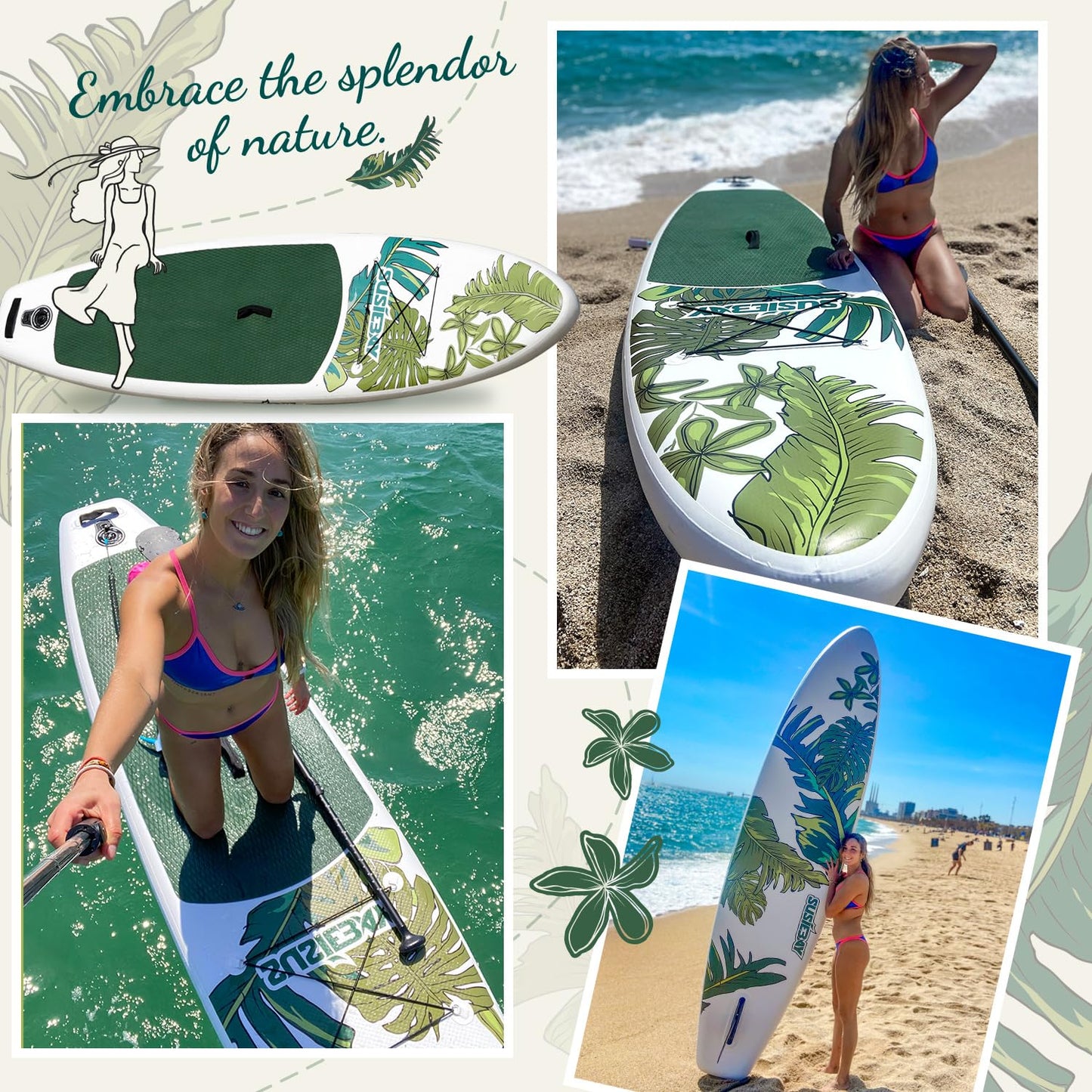 Susiebay Inflatable Stand Up Paddle Board, 11ft Paddle Board for Adults & Youth, Durable SUP Accessories with Non-Slip Deck, Dual Hand Pump,10L Dry Bag,108L Backpack
