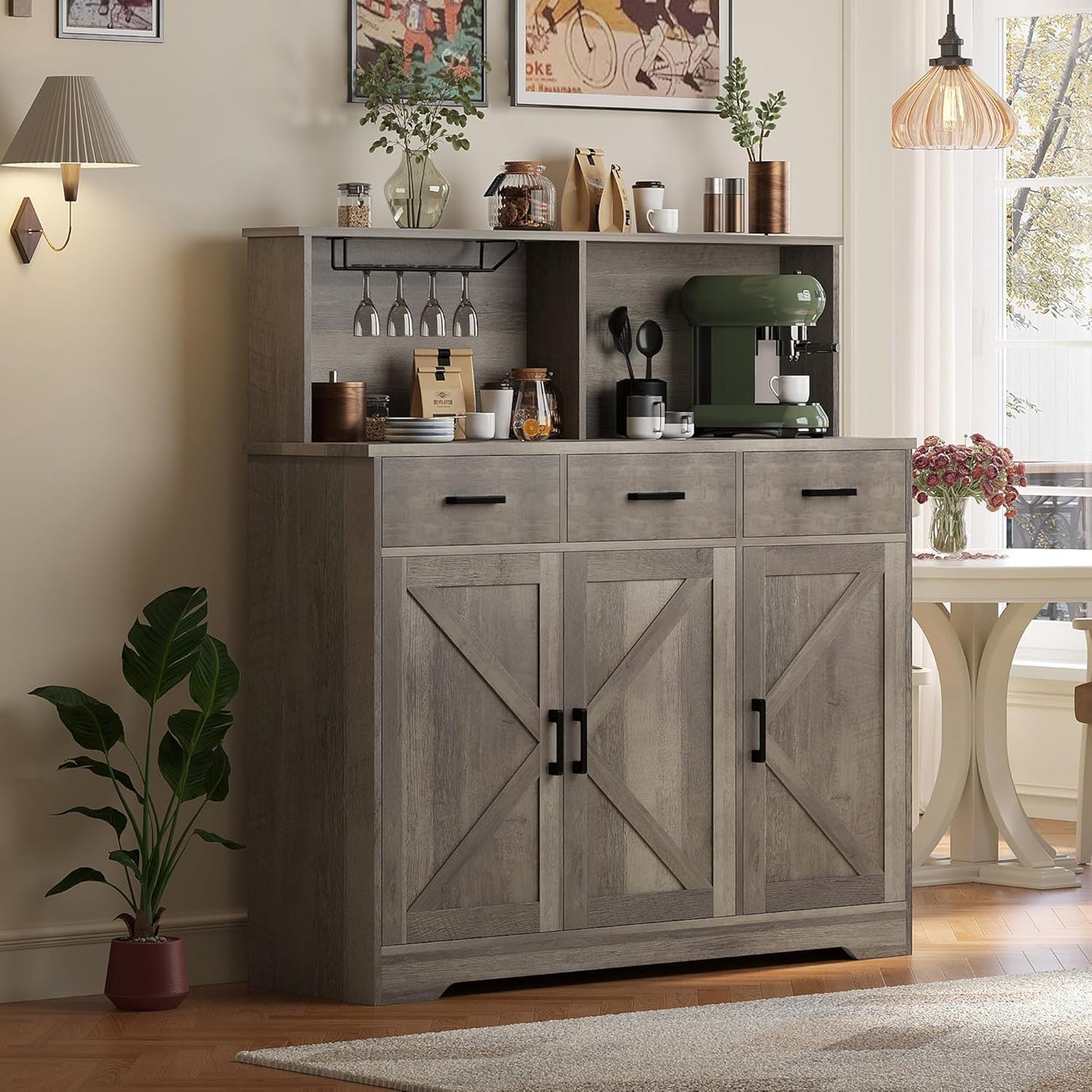 GarveeHome Farmhouse Sideboard Buffet with Microwave Stand, Barn Doors Buffet Storage Cabinet with Drawers and Shelves, Wood Coffee Bar Cabinet for Kitchen, Dining Room, Living Room, Grey