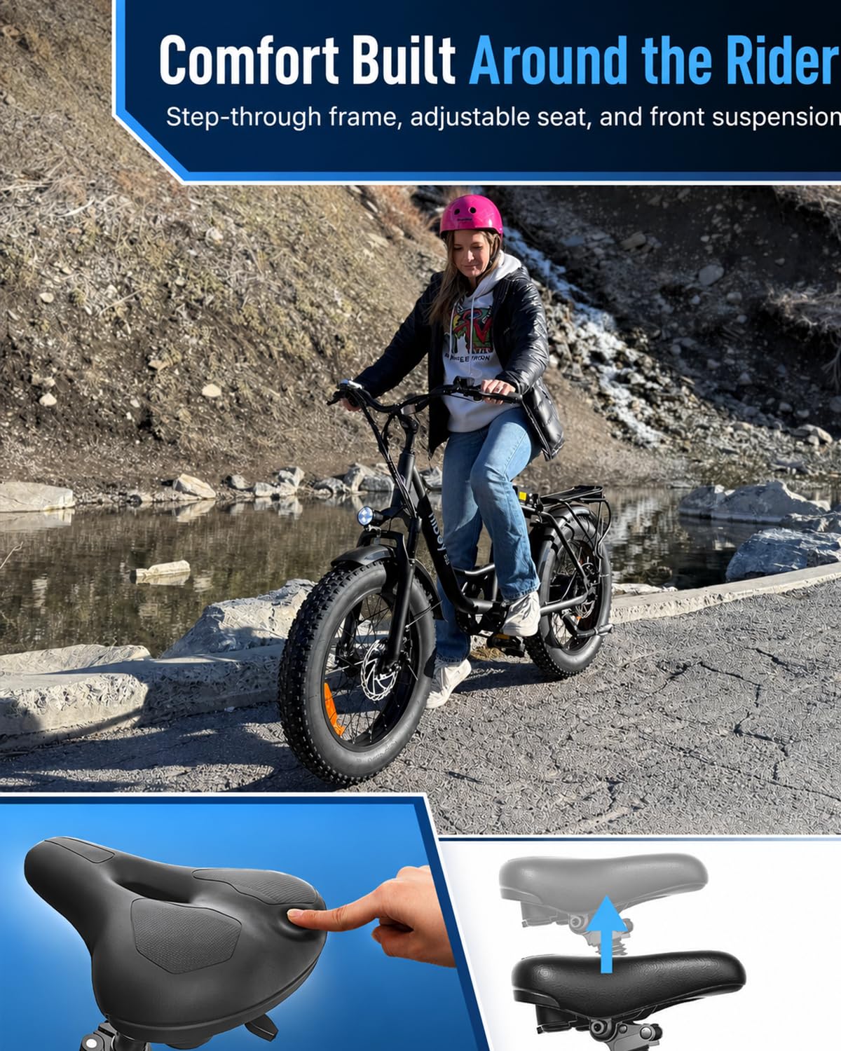 Hiboy EX6 Electric Bike for Adult, 500W High-Torque Motor, 25 MPH, 48V 14.5Ah Removable Battery, 20" x4.0 Fat Tires, Shimano 7-Speed, Front Suspension, Step-Through Frame, Crisp White