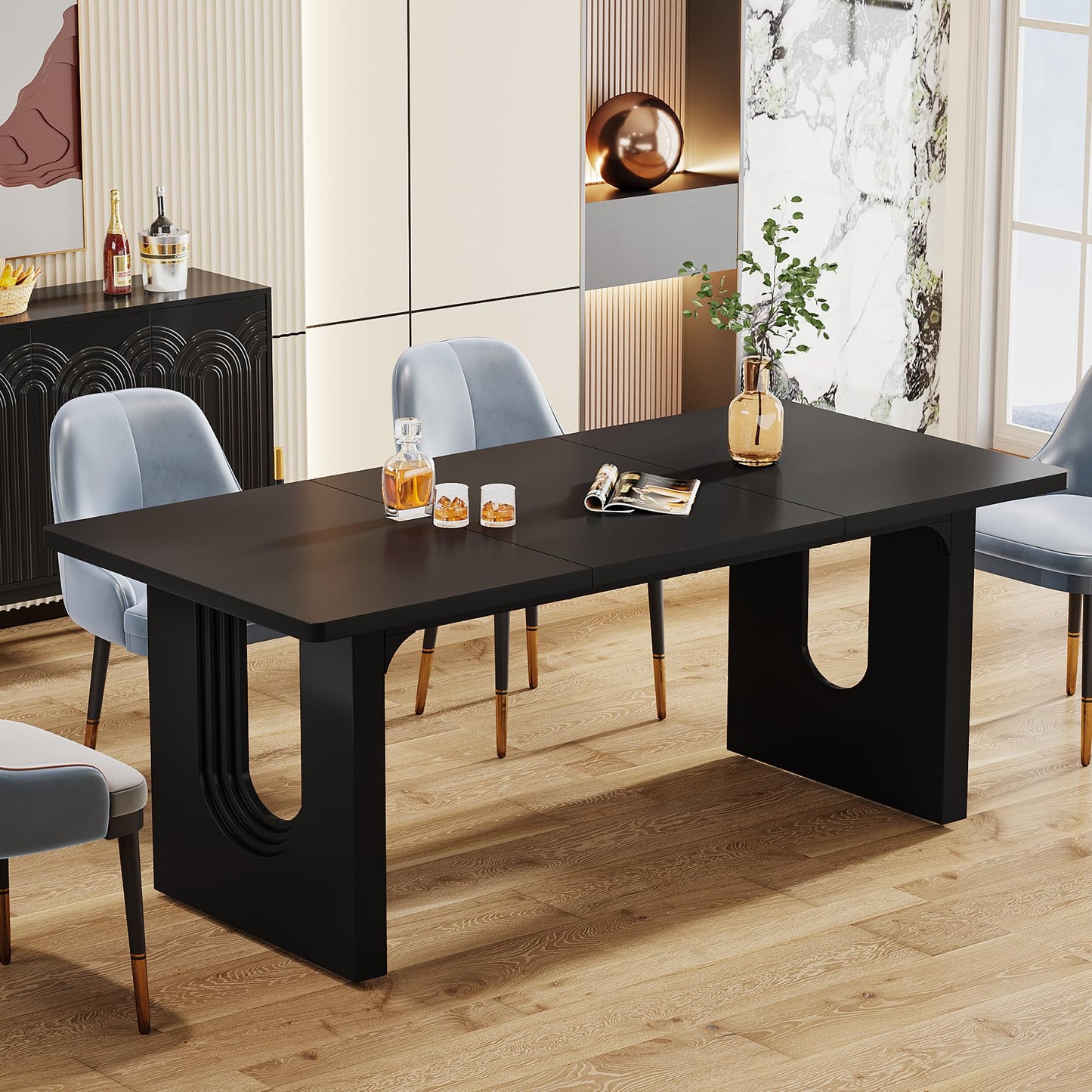 Tribesigns Modern Dining Table for 6 People, 71" Large Kitchen Dining Table with Wood Pedestal Base, Rectangular Long Dinner Table for Kitchen, Dining Room, Living Room, Black