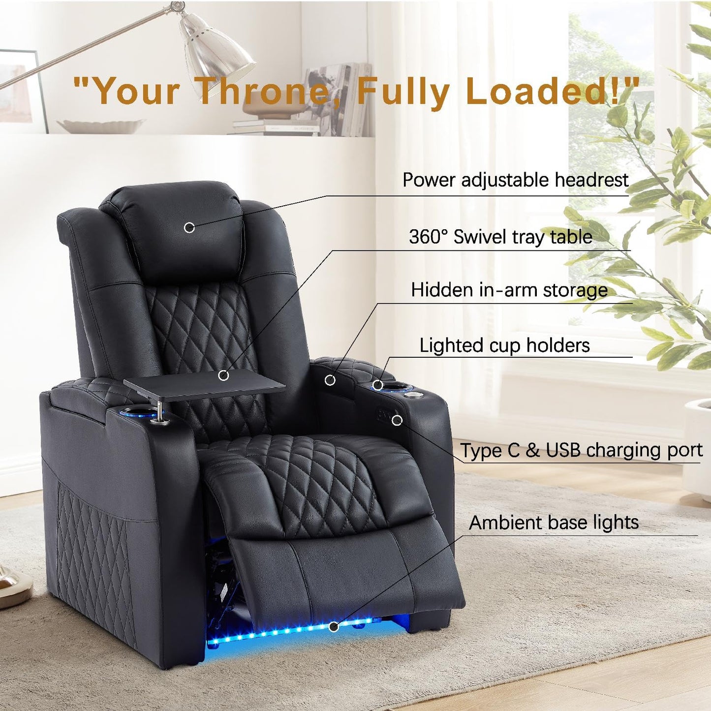 comfiroom Leather Home Theater Seating, Classic Series Game Seats Movie Theater Chairs Recliner Sofa with Type-C USB Charger Port, Bedroom Sofa Chair for Living Room (Black, Row of 1)