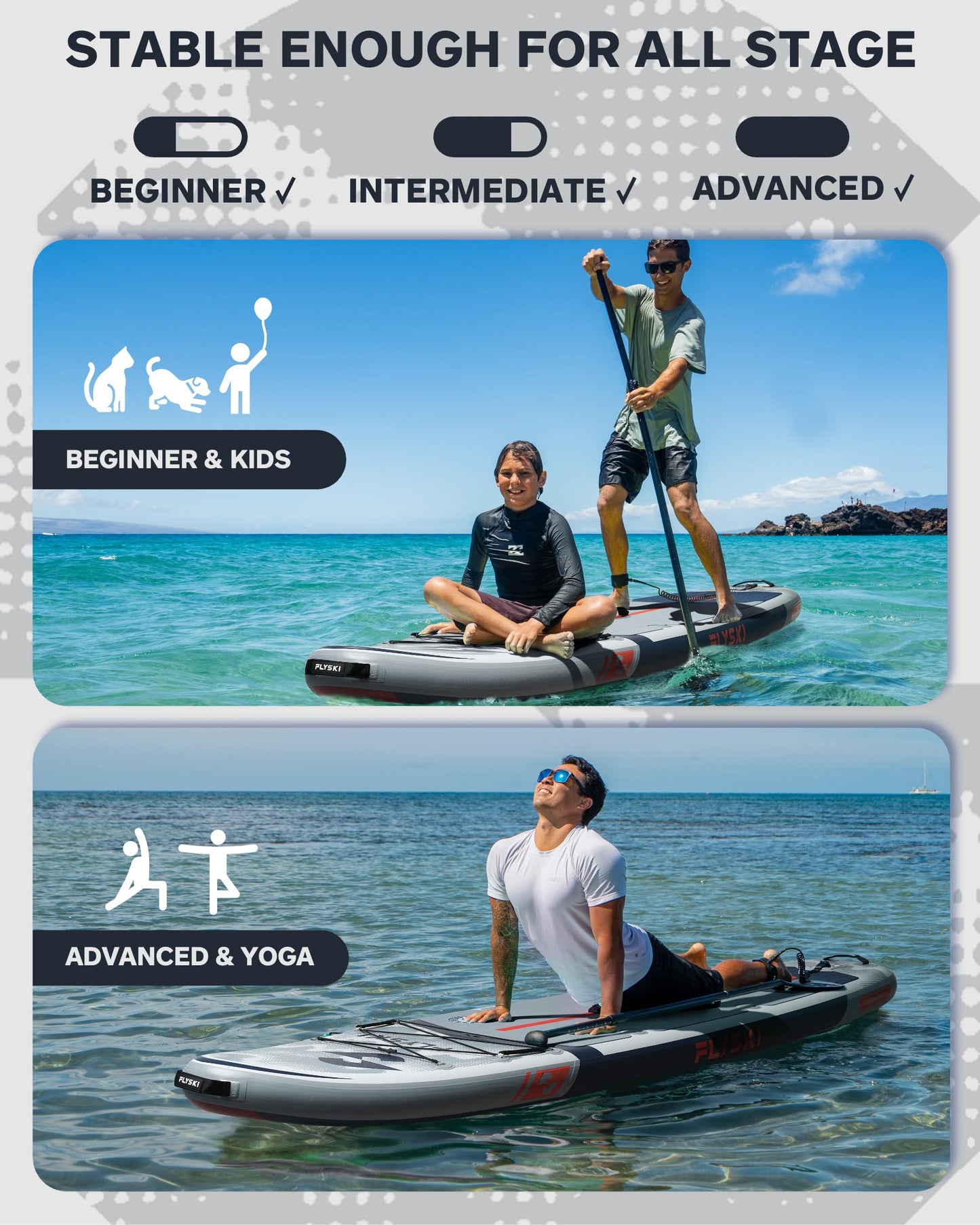 Flyski 11'x34 Ultra Wide Paddle Board, Inflatable Paddle Board&420lb Capacity for All Skill, Inflatable Paddle Board for Adults, Yoga/Family/Fishing Paddle Board, Anti-Slip Deck, US Fin, Pump,100L Bag