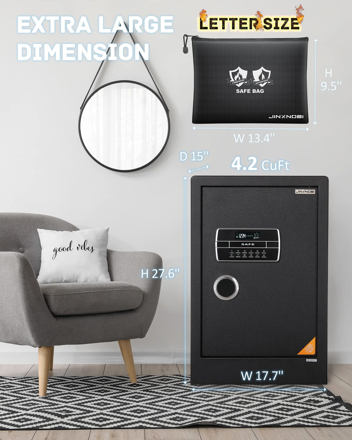 JINXNOBI Large Safe Box,4.2 Cubic Feet Home Safes with Fireproof Waterproof Safe Bag,27.6in Big Security Vault with Electronic Keypad Digital Lock for Home Office Hotel use