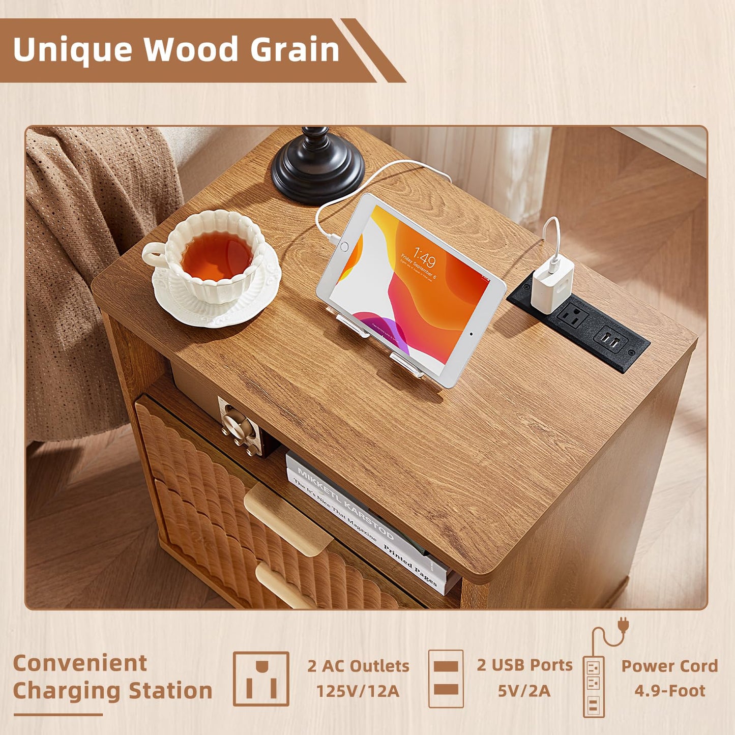 LEYAOYAO Fluted Farmhouse Nightstand Set of 2 with Charging Station, 23" Wide 2 Drawers End Table,Brown Dresser for Bedroom,Bed Side Table Chest of Drawers Cabinet,Wood Night Stand for Living Room