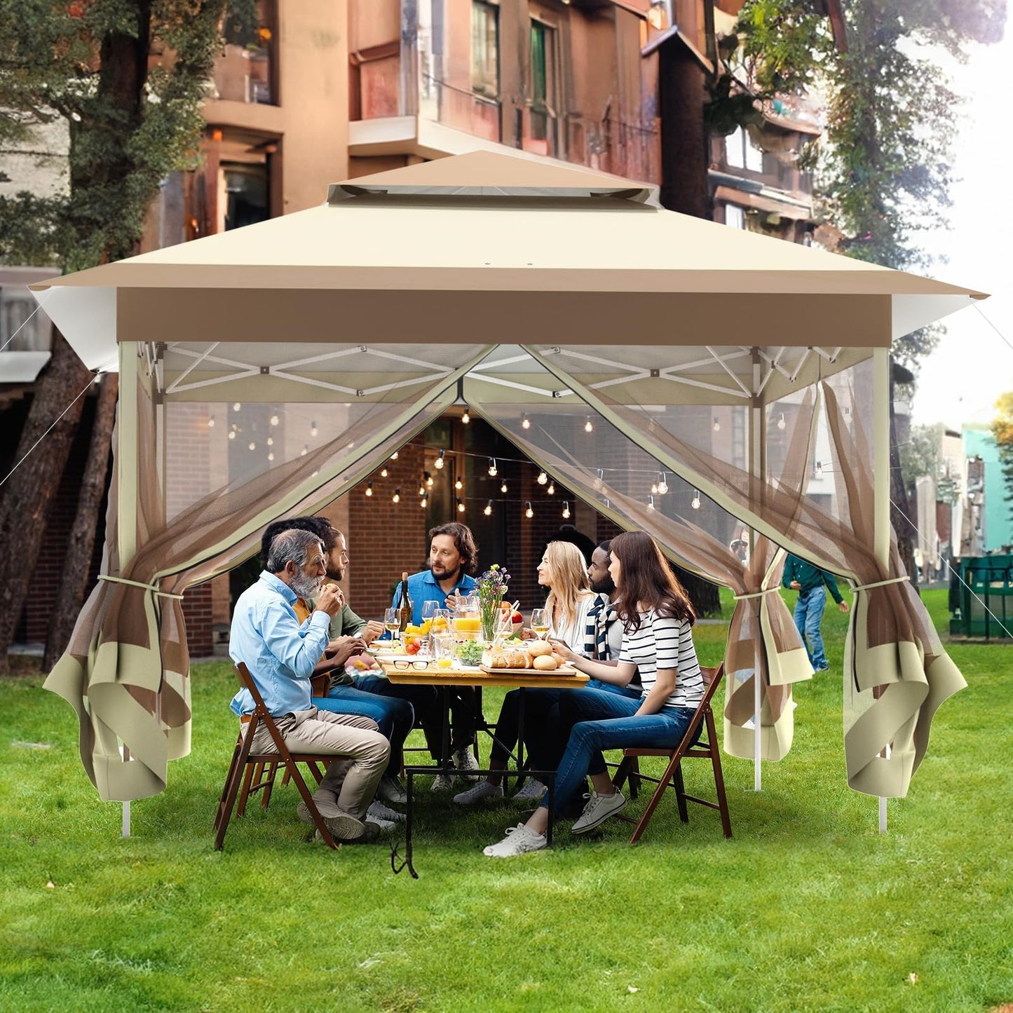 MAMIZO 13ft Pop Up Gazebo, Outdoor Instant Canopy Tent w/4 Netting Sidewall & Auto Extending Eave, Patio Gazebos Shelter w/Mesh Wall, Center Lock, Wheeled Bag for Garden, Yard (Khaki, 13X13FT)