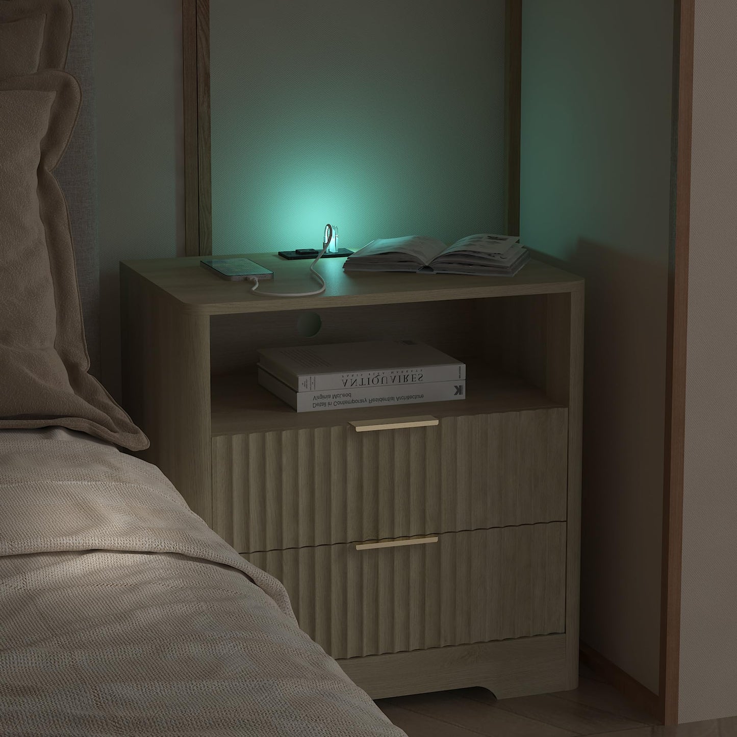KEIKI Nightstand with Charging Station Set of 2, Built-in Storage Drawers and Shelf, Wood Smart Bedside Cabinet with Voice Control, Natural and Natural