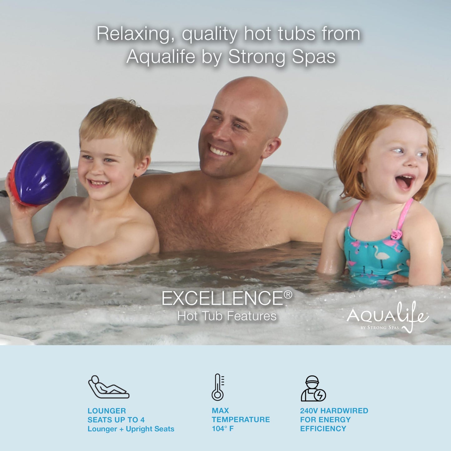 Excellence Outdoor Hot Tub, FIts 4 Adults, Indoor Outdoor Hot Tub, 41 Jets, Cover Included, Lounger Spa, Bluetooth Stereo, LED Water Fall, Wellness Tool, Aqualife by Strong Spas