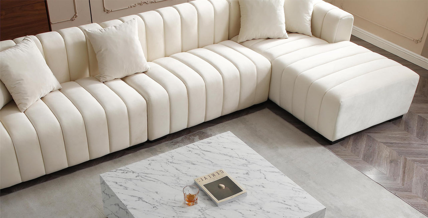 KEIKI 139" L-Shape Velvet Modular Sectional Sofa with Right Chaise Lounge, Modern Style Upholstered Oversized Reversible 3-Seater Channel Tufted Couch, Easy Assembly, for Apartment, Living Room, Beige