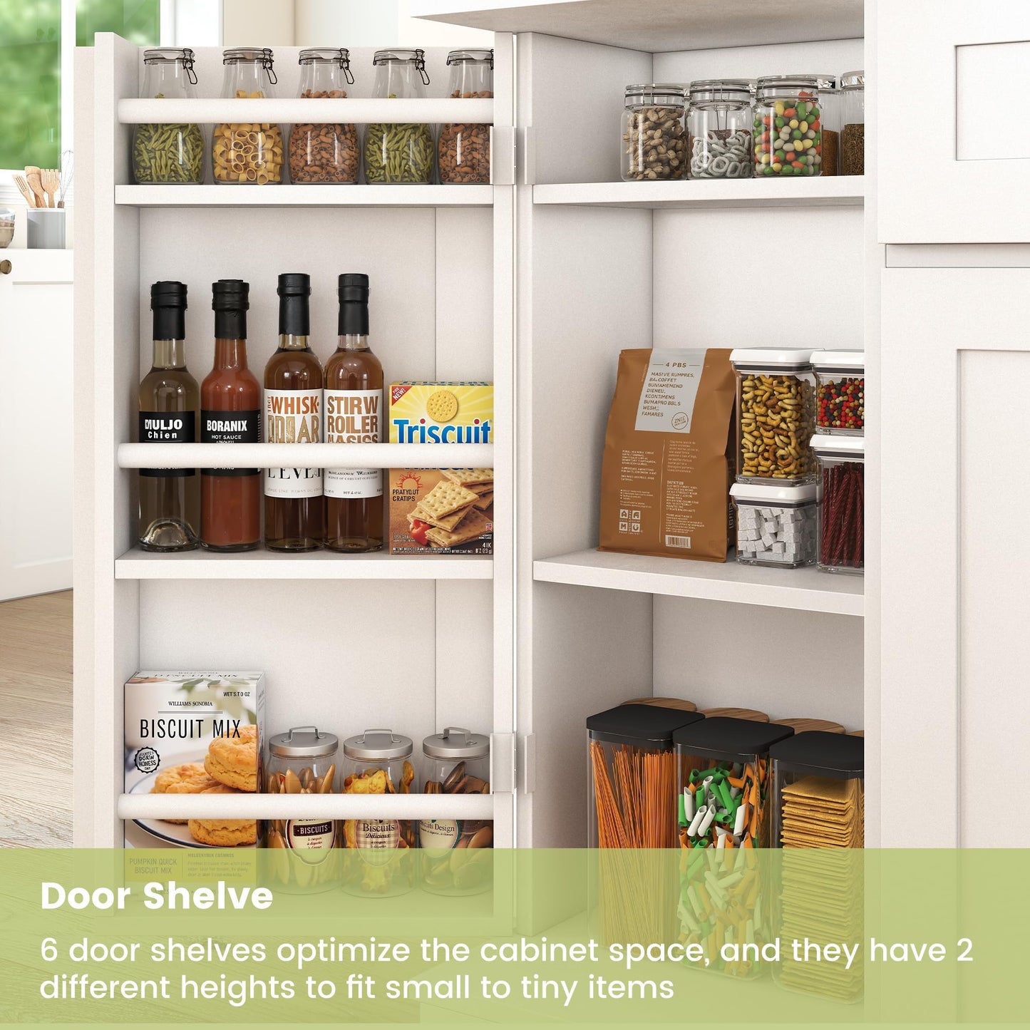 WAYTRIM Kitchen Hutch Cabinet with Storage, White Pantry Cabinet with 4 Doors and Shelves, Pantry Cabinet with Microwave Shelf & Drawers & Adjustable Shelves for Kitchen Dining Room Furniture