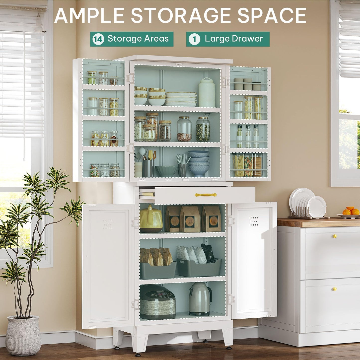 YITAHOME 71" Metal Kitchen Pantry Cabinet with 4 Door & 4 Adjustable Shelves, Storage Cabinet with 1 Drawer & 8 Door Racks, Tall Freestanding Food Steel Cupboard for Kitchen, Dining Room, White